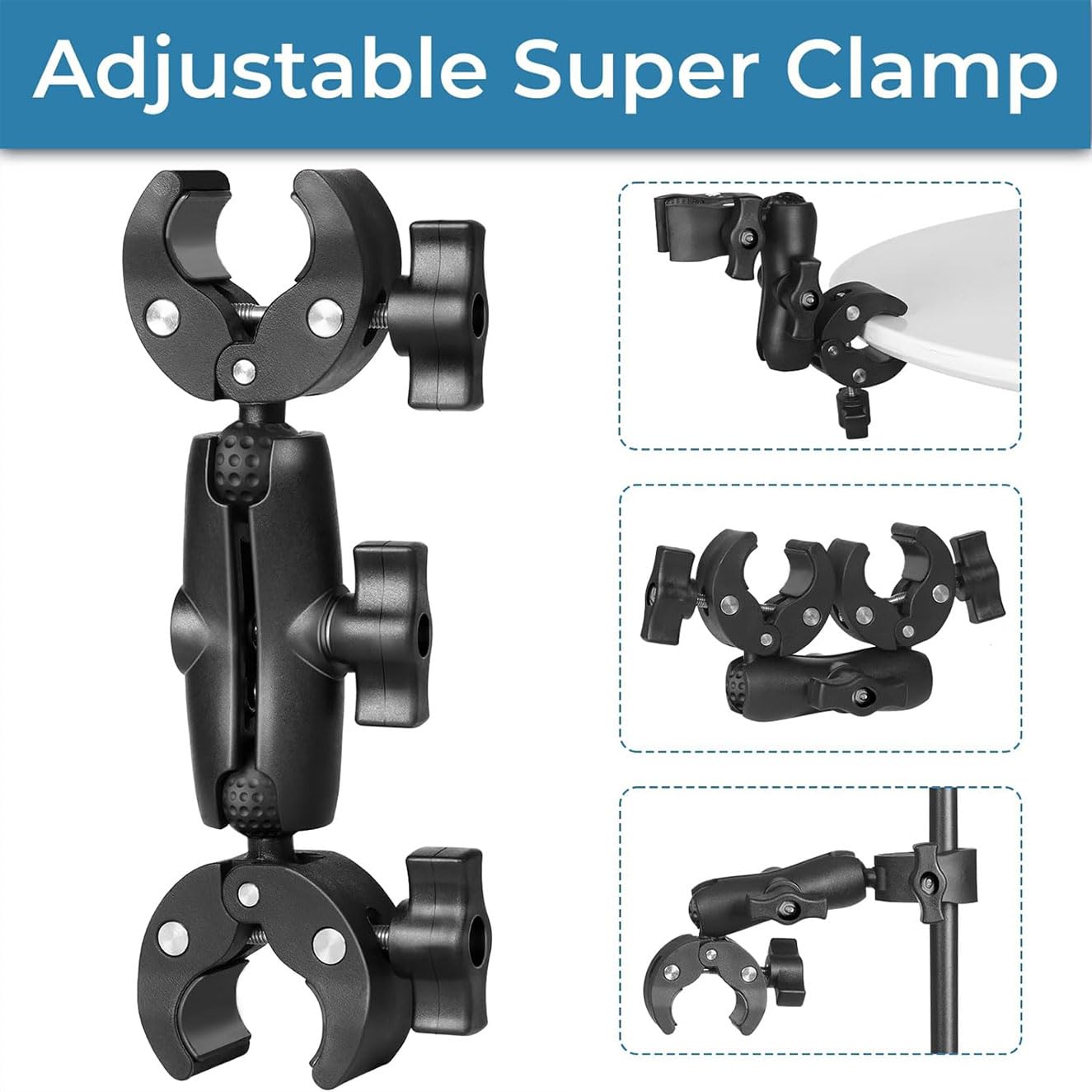 Sequpr Super Clamp Double Camera Clamp, Camera Clamp Mount With Non-Slip Head, Magic Arm Double Ball Head Adapter For Photography Light Stand, Umbrella, Selfie Stick, Reflector, Desktop, Cross Bars