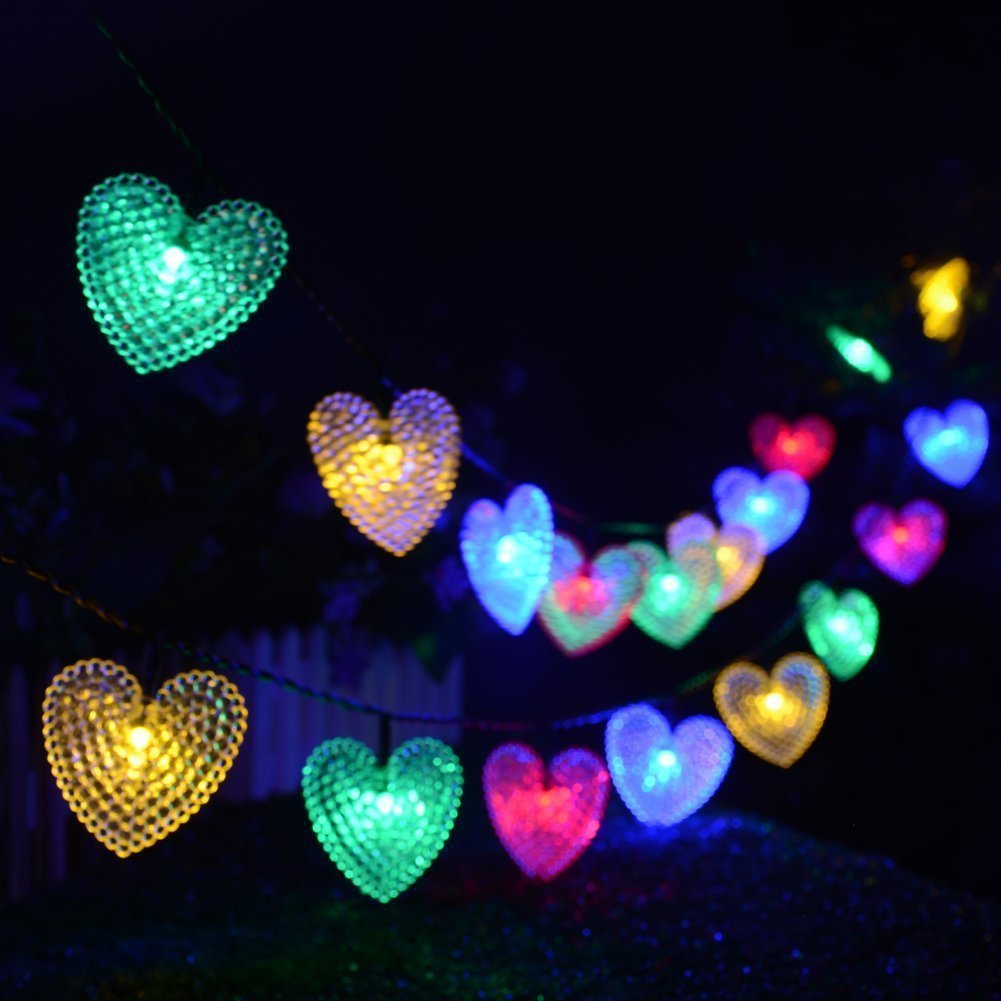 Lafeina Solar Powered String Lights, 20Ft 30 Led Solar Heart-Shaped String Lights Waterproof Ambiance Lighting For Indoor Outdoor Patio Garden Home Christmas Wedding Party Decoration (Multi)