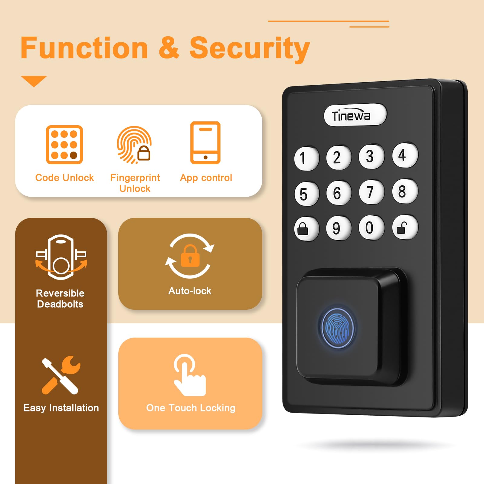 Tia Keyless Entry Door Lock With 2 Lever Handles, Fingerprint Entry Door Handleset, Electronic Digital Keypad Deadbolt With App, Auto Lock & One Touch Locking, Front Smart Door Handle Sets, Black