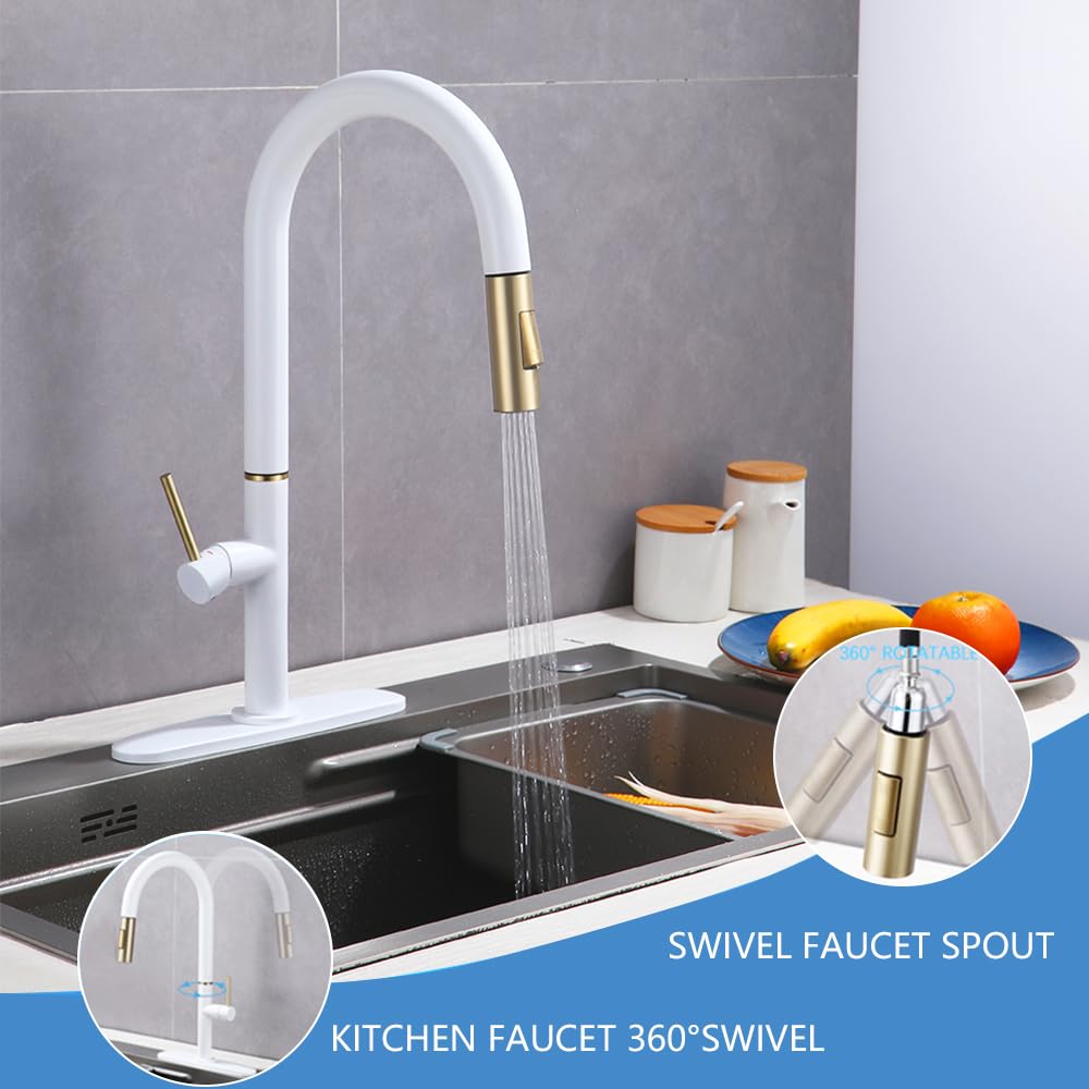 Xhzsfyou Single Handle White Kitchen Faucet With Nickel Gold Sprayer Brass Kitchen Sink Faucets With Pull Down Sprayer Modern Faucets With Dual Function Spray