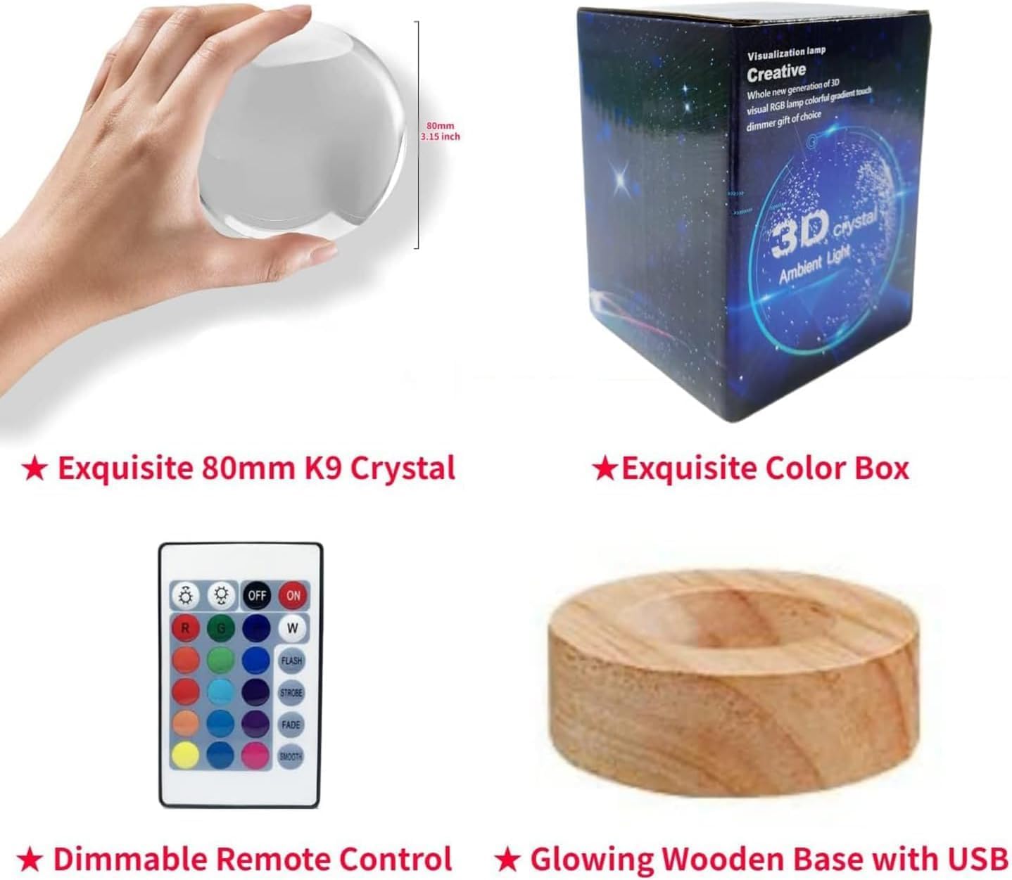 Wjnyzwbw 3D Galactic System Crystal Ball Night Light With 16 Color Led Wooden Base With Remote Control，3.15 Inch Galactic System Glass Ball，Cool Desk Decor  For Kids Girls Boys Friends Fans