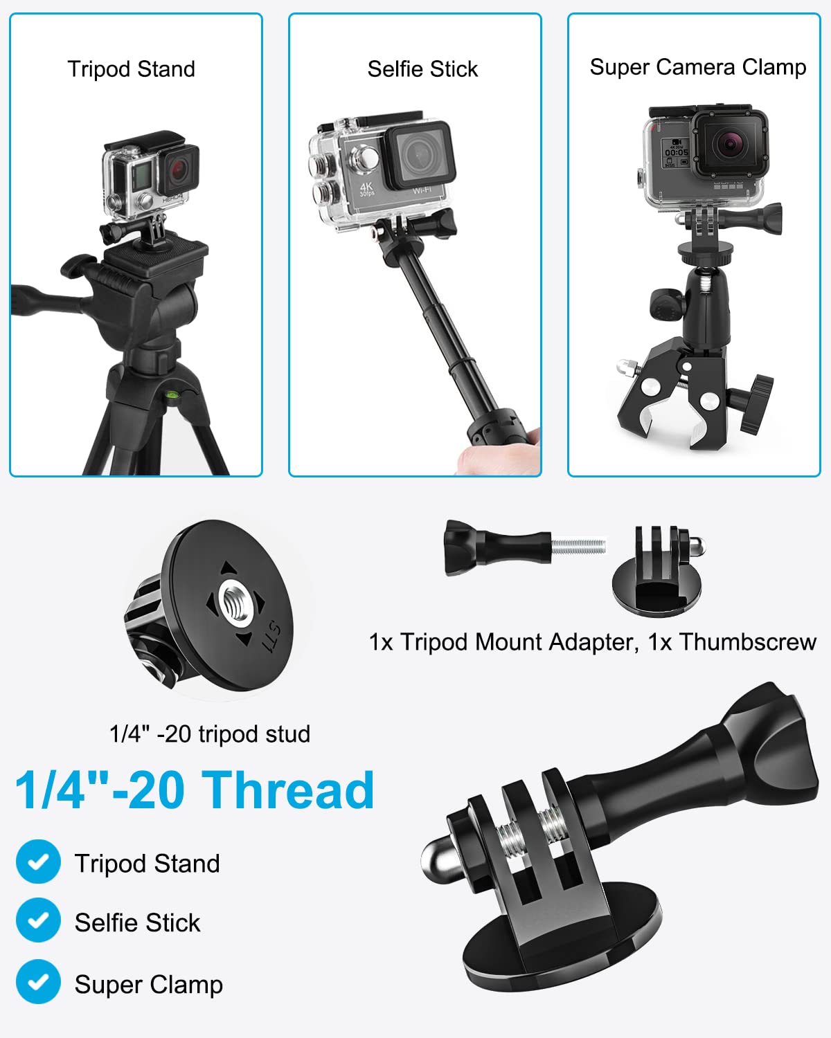 Woleyi Large Tablet Mount Holder With 1/4" Screw Thread For Spin Bike, Treadmill, Microphone Stand, Tripod Adapter, Exercise Bicycle, Handlebar, For Ipad Pro 13 Air & 9.5-14.5" Tablet, Gopro, Camera