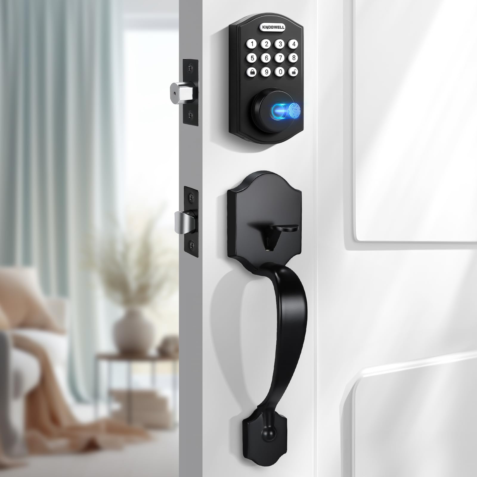 Knobwell Keyless Entry Door Lock With Handle Set,Front Door Handle Set，Password Door Lock Fingerprint & Keypad Deadbolt, Auto Lock, Matte Black