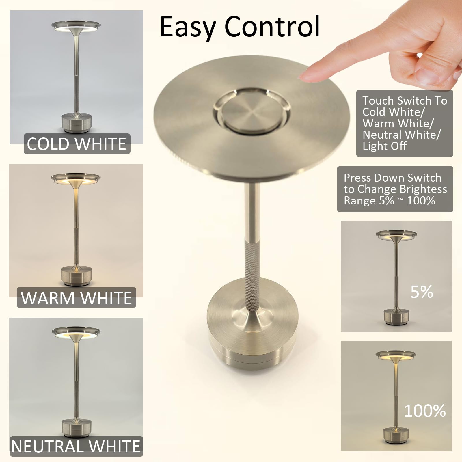 Reddragon Lighting Dimmable Brushed Nickel Silver Cordless Table Lamp Rechargeable, Portable Small Mushroom Battery Table Light Usb Bedside Desk Lamp For Dinning Room, Living Room, Bedroom, Outdoor Patio (Silver)