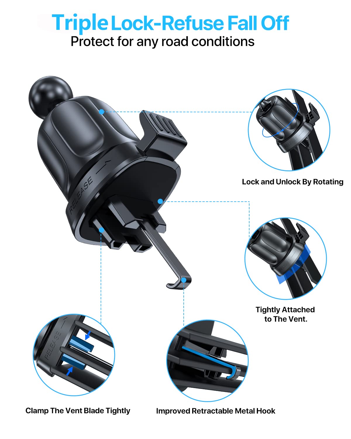 Miracase   Universal Car Phone Holder Mount For Air Vent, Sturdy And Thick Case Friendly Hands- Mount For Iphone, Samsung, And All Smartphones