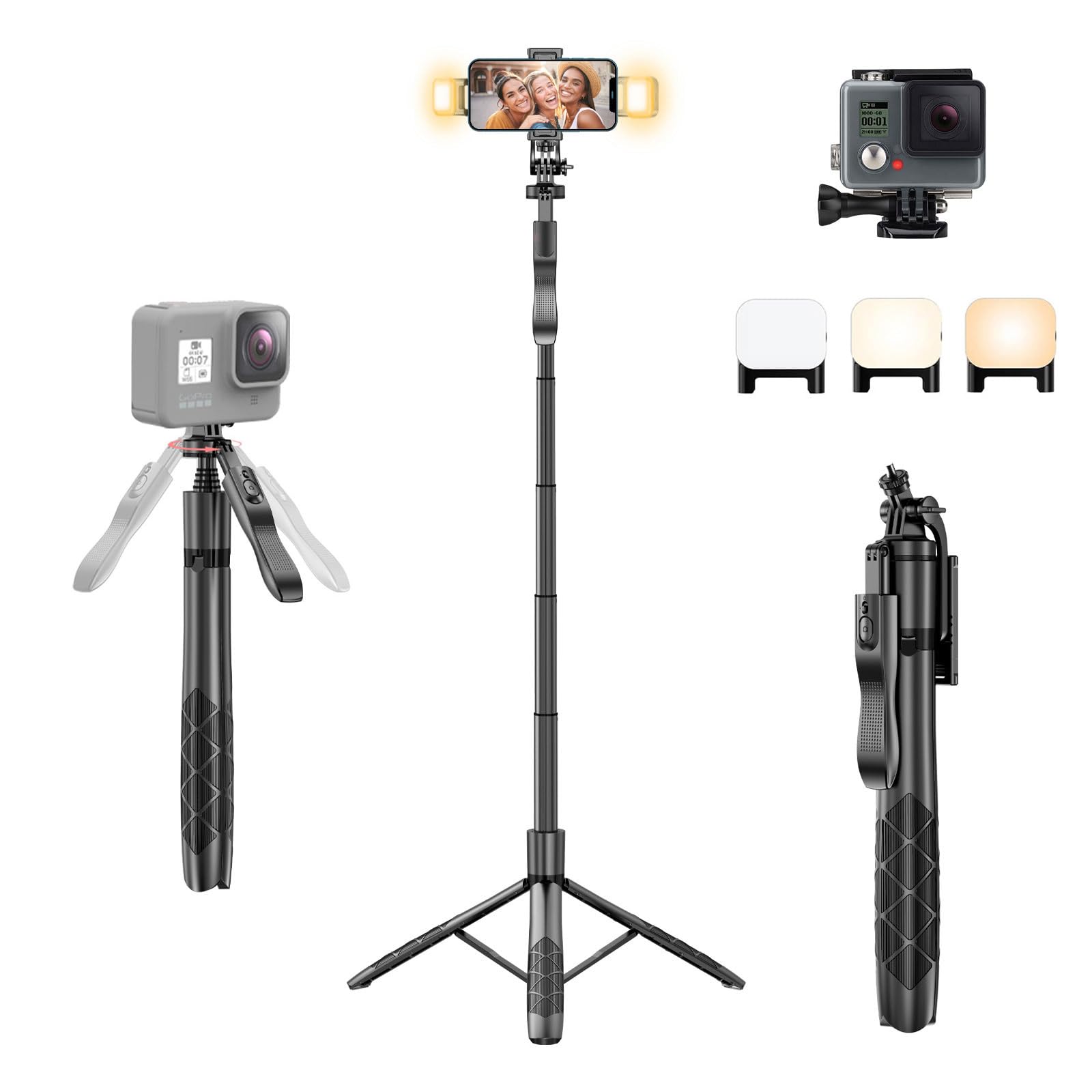 Ccblzll Selfie Stick Tripod For Phone With Light - 62" Phone Holder For Recording Selfie Stick Tripod Rotating Phone Stand Tall With Light 6 In 1 Selfie Stick With Light Portable Tripod