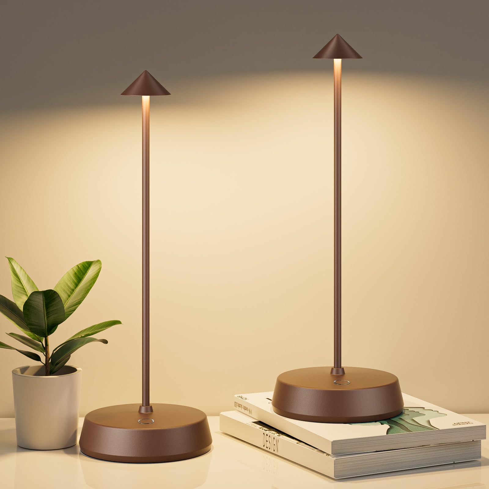 H.W.S Rechargeable Cordless Small Table Lamp,6000Mah Battery Operated,Led Touch Dimmable Modern Tabletop,Portable Outdoor Bedside Night Light For Restaurant/Dining/Bedroom/Living Room/Coffee(Brown-2Pc)