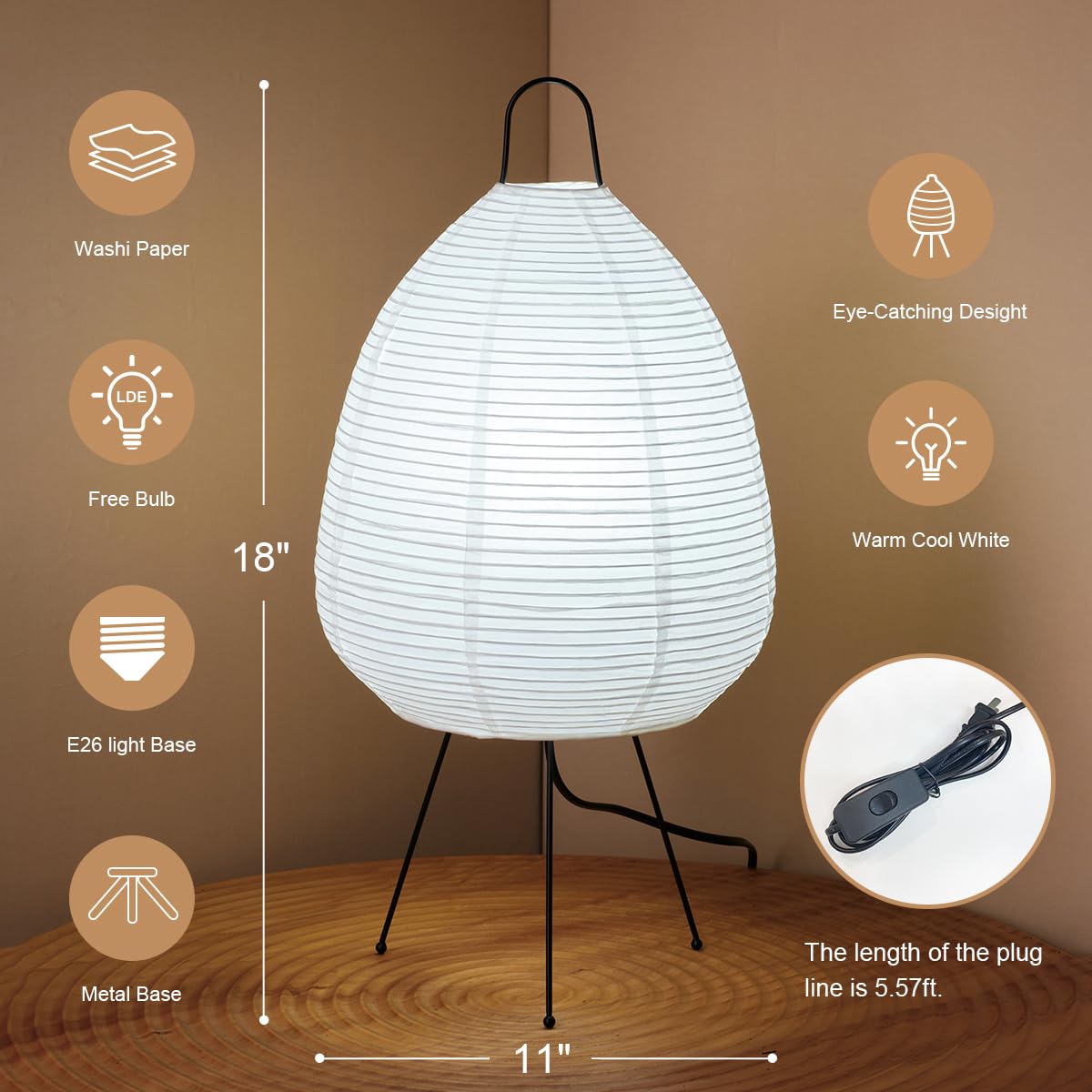 Trucphil Japanese - Inspired Art Deco Akari Table Lamp. This Large, Pleated Lamp Crafted From Rice Paper Has A 1A White Lampshade And A Tri - Color Light Source (Tri-Color-Light-Non-Dimmable)