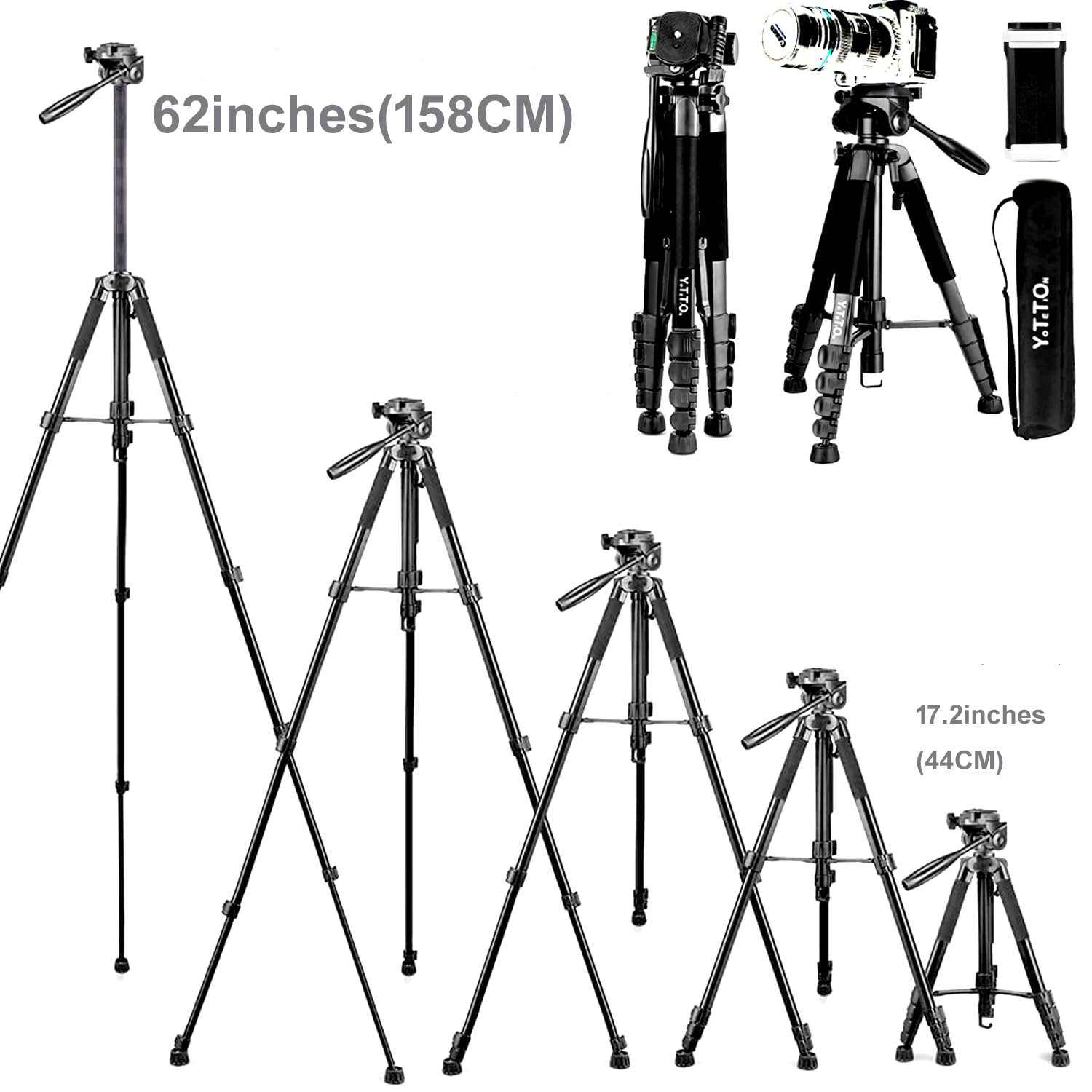 Yotetion 79 Inch Camera Bracket, 5-Section Adjustable 3-Way Gimbal Bracket, Monopod, Travel Telescope Bracket, Horizontal Telescope, Mobile Phone Professional Stand