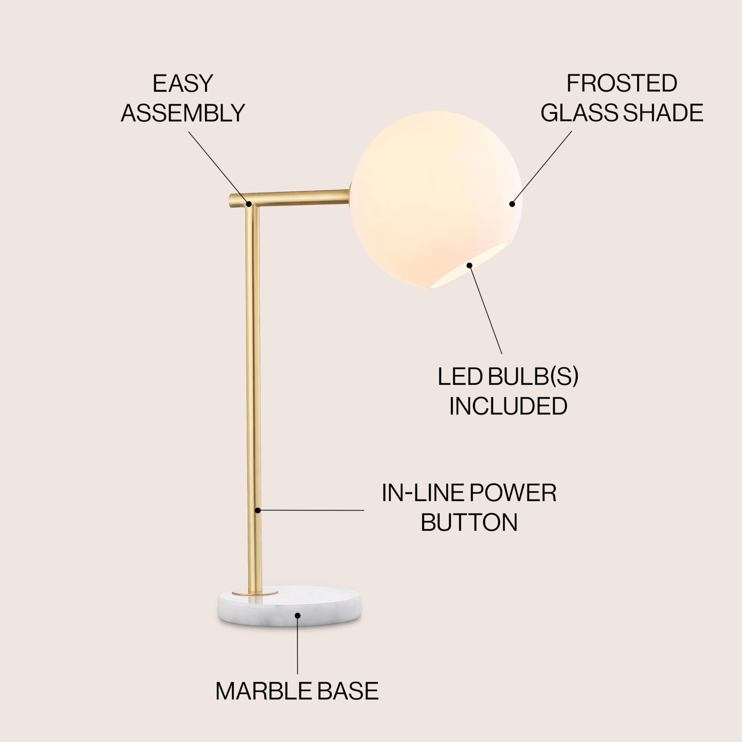 Jonathan Y Jyl1000A Charles 20.5" Metal/Marble Led Table Lamp Contemporary Modern Bedside Desk Nightstand Lamp For Bedroom Living Room Office College Bookcase Led Bulb Included, Gold/White