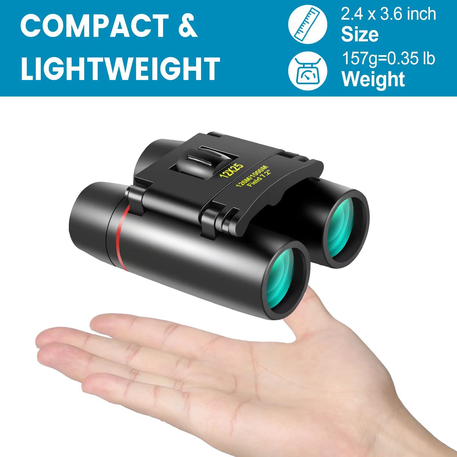Wrnrn 12X25 Mini Pocket Binoculars Compact, Small Lightweight Foldable For Adults Kids Bird Watching, Travel, Opera Concert, Hiking, Cruise, Football Game Green