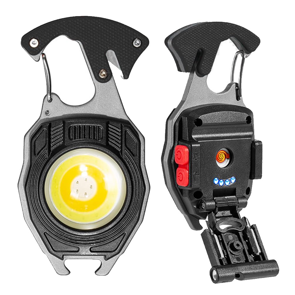 By-J Led Small Flashlight Multitool, Rechargeable Keychain Light, Cob Multi-Function Mini Work Light, 500 Lumens, 7 Lighting Modes With Electric Lighter, Seat Belt Cutter, Screwdriver, Whistle