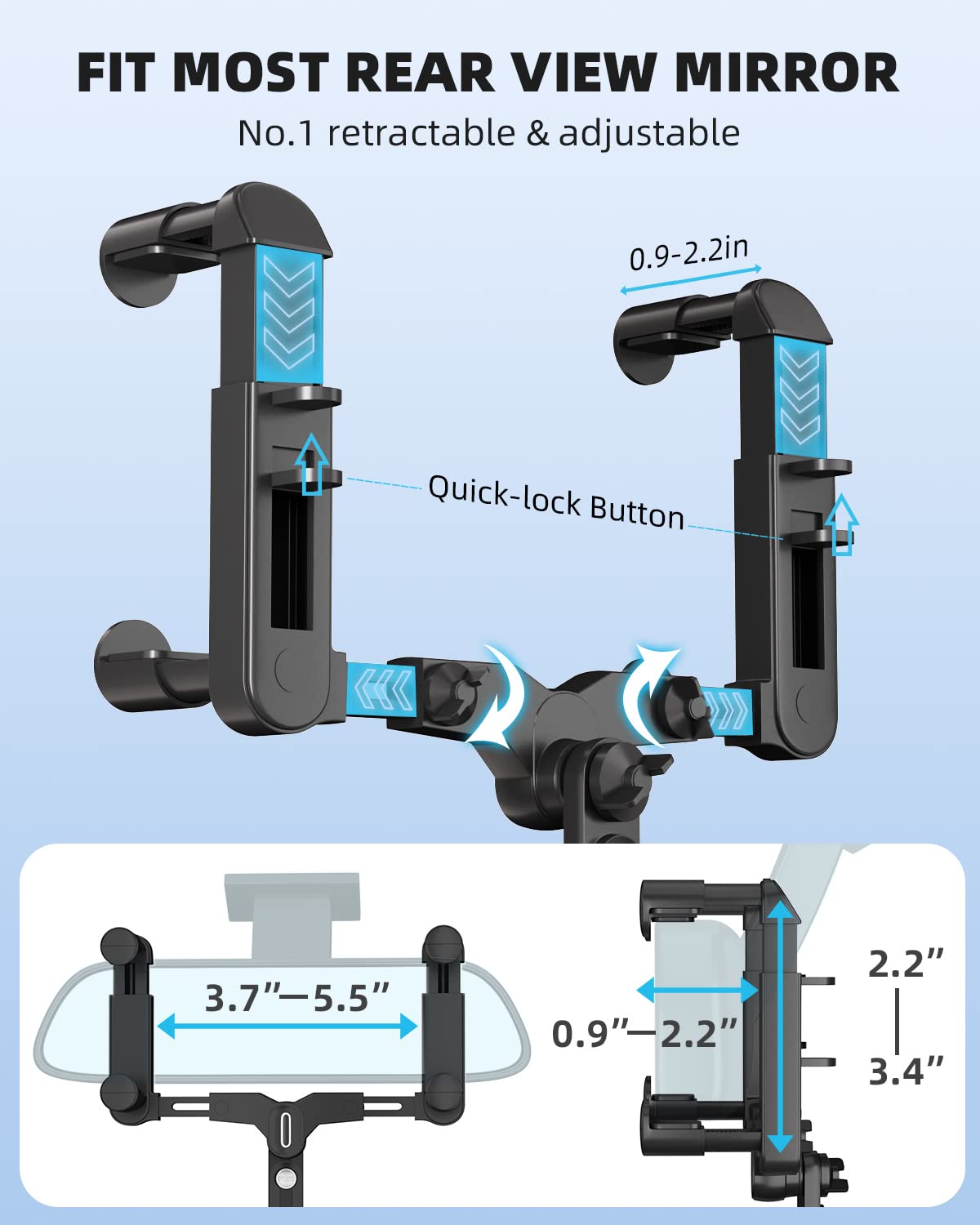 Jocosa Rear View Mirror Phone Holder, 360° Rotatable And Retractable Universal Mount, Cell Car Phone Mount Fit For Iphone Samsung All Phone