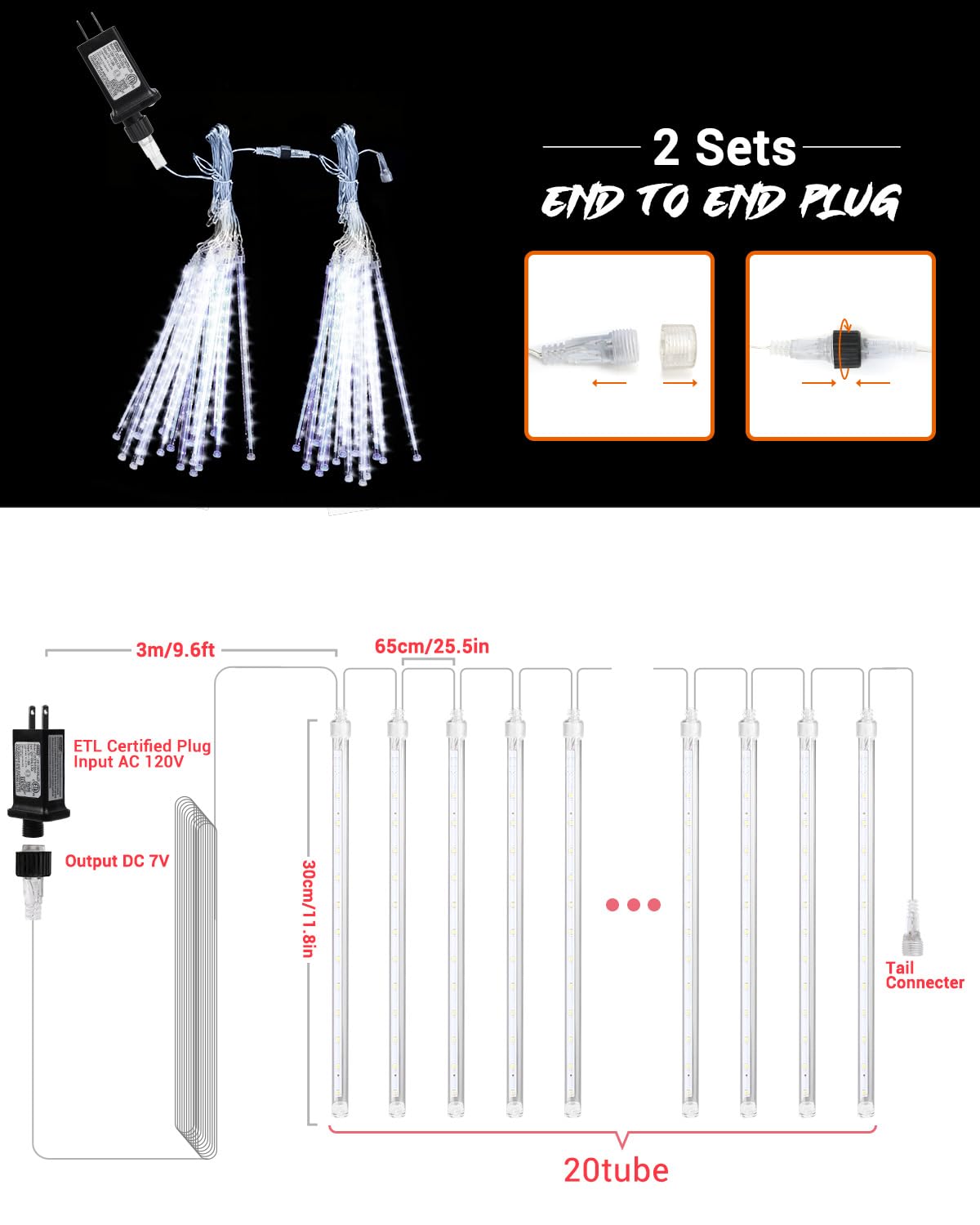 Ibaycon 20 Tubes 480 Led Meteor Shower Rain Lights, 11.8 Inches Cascading Icicle Lights Waterproof Outdoor, Connectable Falling Raindrop Lights With Timer For Holiday Party Christmas Decorations