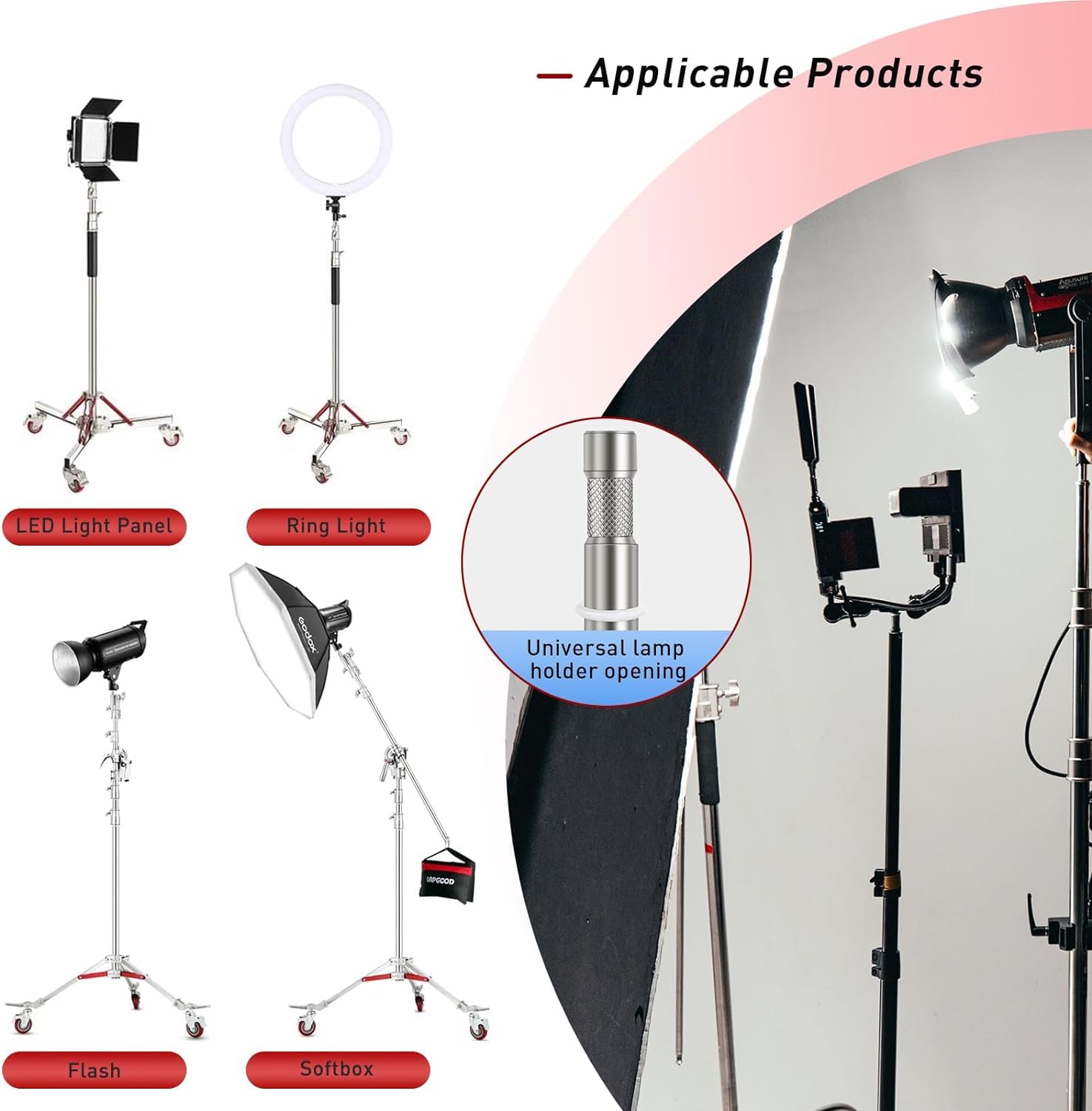 Youtin Rolling Light Stand With Casters, Heavy Duty Adjustable Tripod Stand, 100% Stainless Steel, Wheeled Base For Studio Softbox, Monolight, Reflector, Max Height 10Ft/305Cm