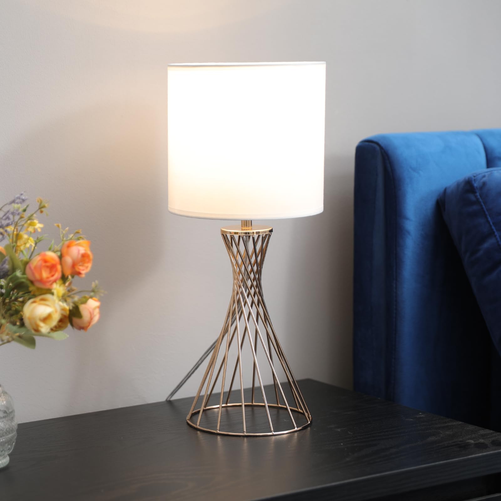 Popity Home Gold Table Lamp, Nightstand Lamp, Small Cute Desk Lamp, Modern Bedside Lamp With White Fabric Shade, Metal Geometric Hollow Out Base Lamps For Living Room Bedrooms Kids Room