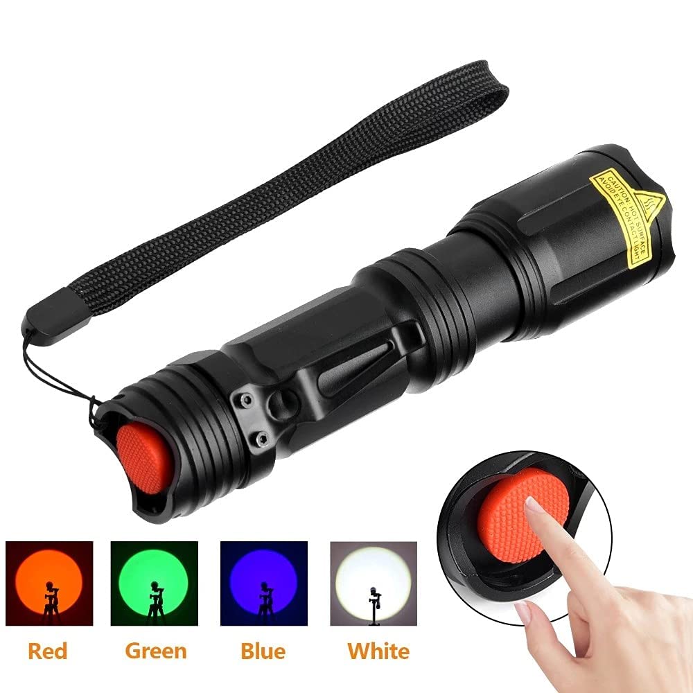 Junchi 4 Color In 1 Multicolor Flashlight Rechargeable 150000 Lumens Red White Blue Green Multi-Color Rgbw Led Flashlights Zoomable Waterproof Utility Flash Light For Night Vision Fishing Astronomy