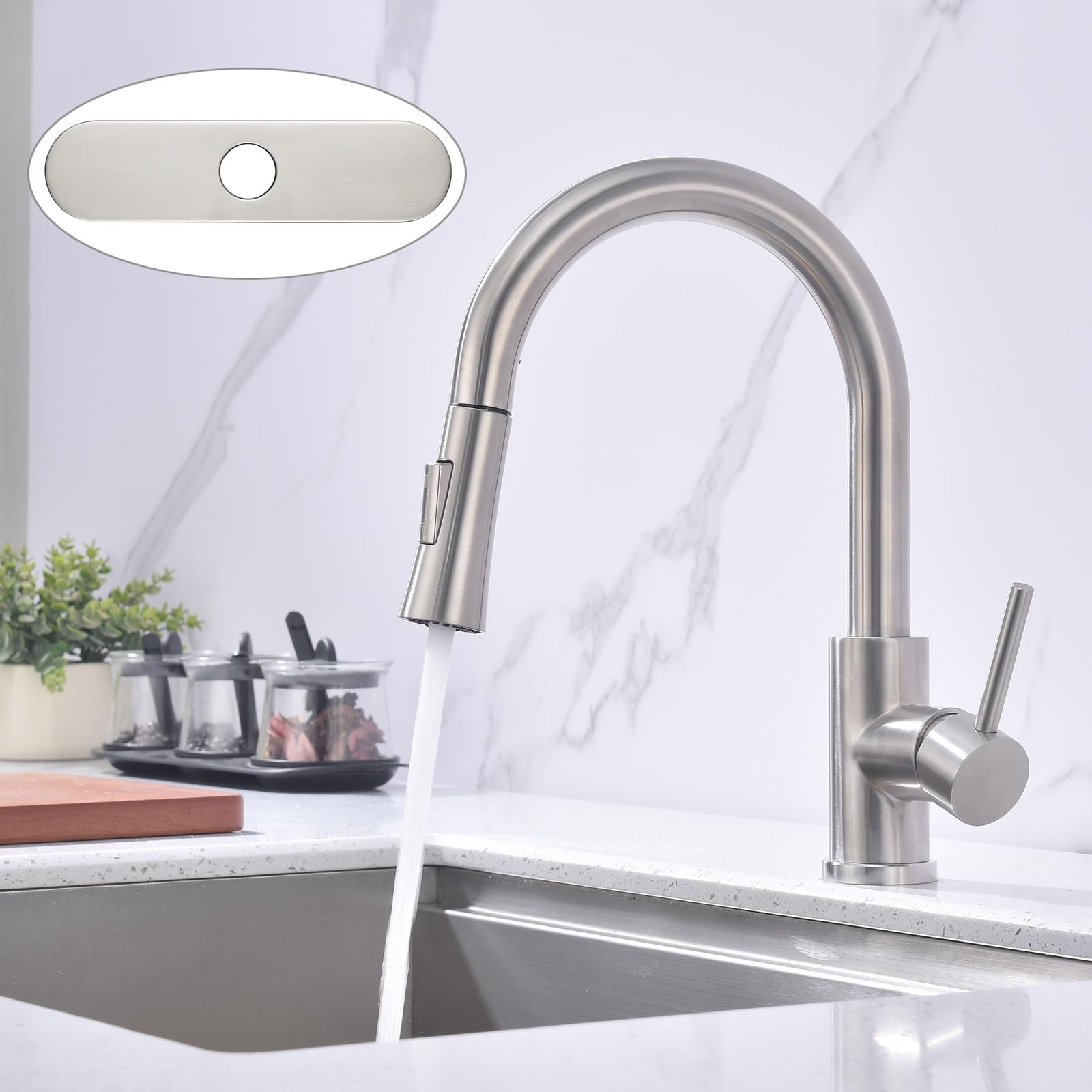Sevengelok Kitchen Faucet With Pull Down Sprayer Sus304 Stainless Steel High Arc Brushed Nickel Pull Out Kitchen Sink Faucets Utility Laundry Farmhouse Camper Rv Modern For 1 Or 3 Hole Sink, Kf1-Bn