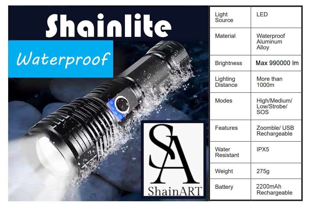 Shainart Rechargeable Utility Bright Flashlights,Super Bright High Power 990000Lm,5 Modes, Waterproof,Handheld Impact Resistant, Usb/Usb-C Cable Rechargeable Battery Included, Extra Aaa Battery Case