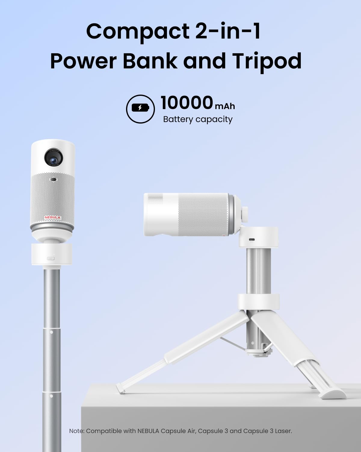 Nebula Capsule Power Bank Tripod, Up To 2H Built-In Battery, Adjustable Height From 215Mm To 840Mm, 0-90 Degree Adjustable Viewing Angle, 3S Easy Setup, For Capsule 3, Capsule 3 Laser, Capsule Air
