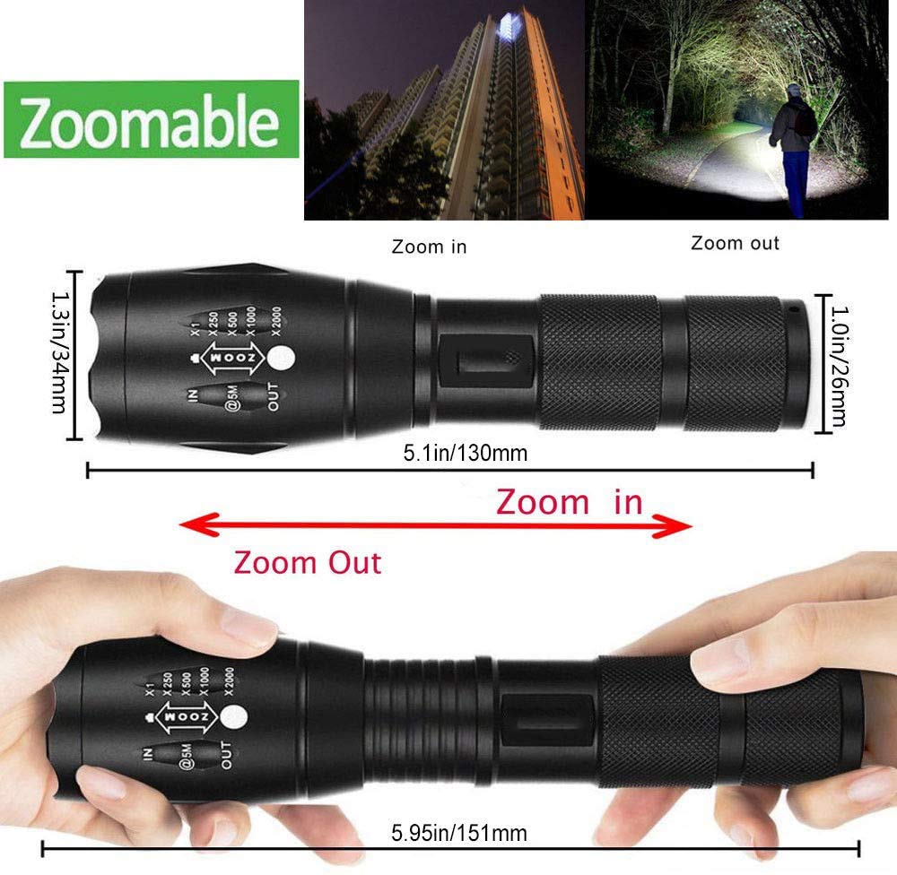 Modoao Ultra-Bright Flashlights, 2000 Lumens Xml-T6 Led Utility Flashlight, Zoomable Adjustable Focus, Ip65 Water-Resistant, Portable, 5 Light Modes For Indoor And Outdoor,Camping,Emergency,Hiking (1 Pack)