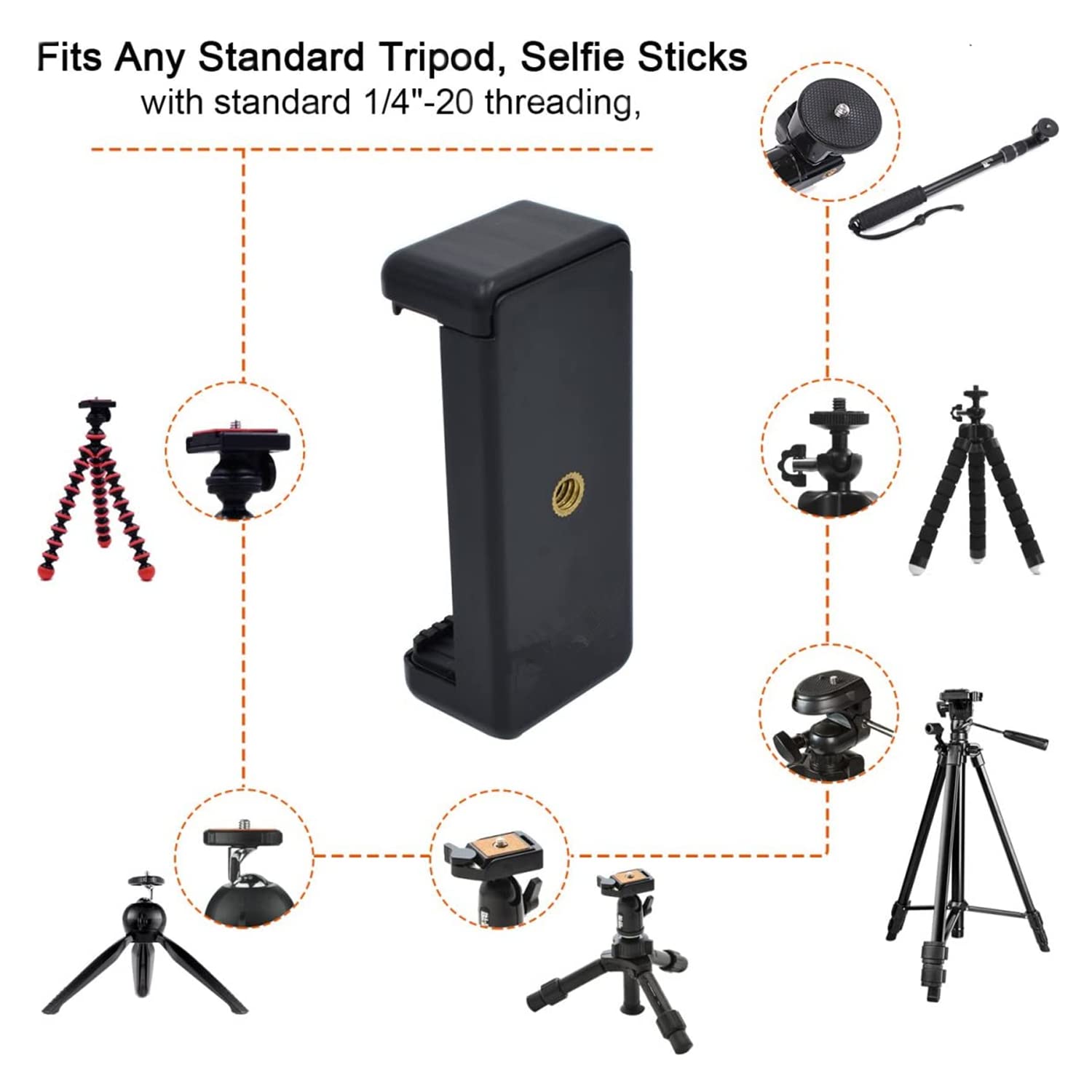 Praqecz Universal Cell Phone Tripod Mount Adapter, Phone Holder Clip Connector Head Used For Monopod Selfie Stick Travel Mini Flexible Tripod And More