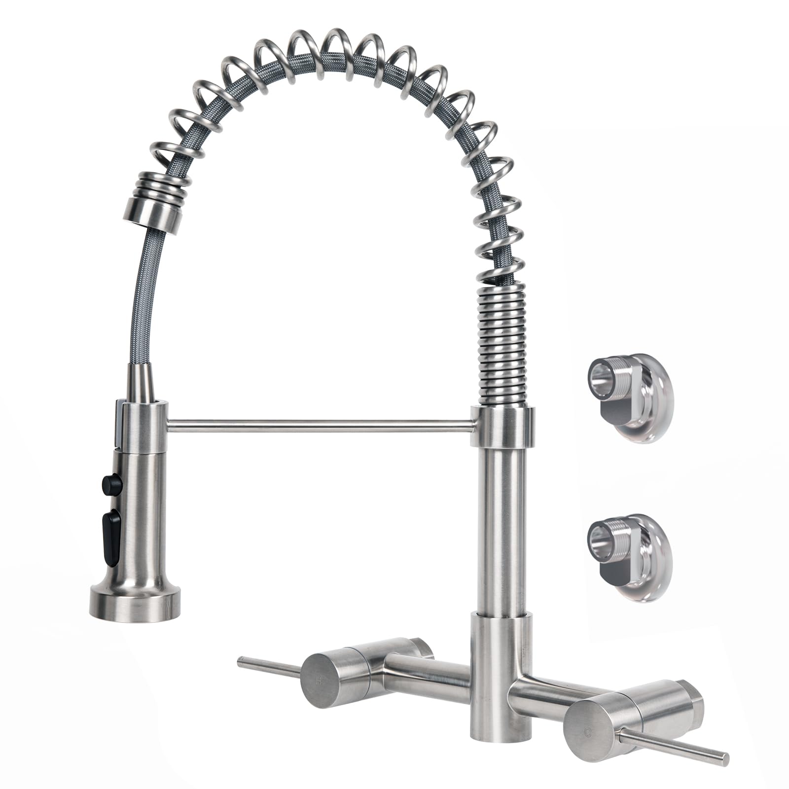 Besdor Wall Mount Kitchen Faucet, 8 Inch Center Wall Mount Faucet With Pull Down Sprayer, Commercial Spring Wall Faucet For Kitchen Sink, 3 Functions, Dual Handle, 304 Stainless Steel, Brushed Nickel