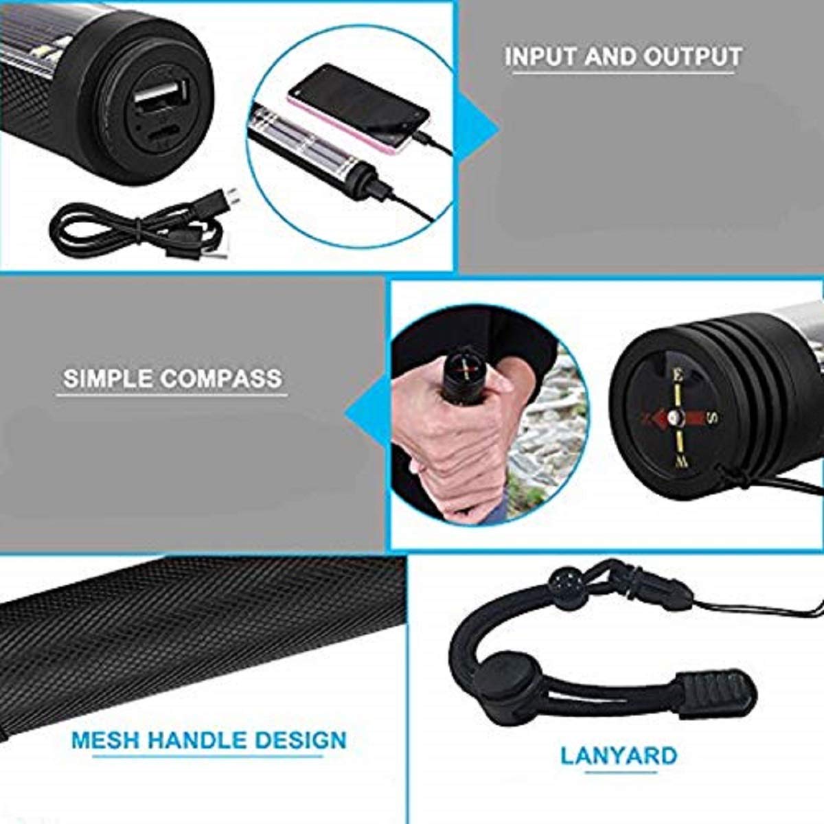 Xrexs Solar Powered Led Car Flashlight Multi-Function Solar Escape Rescue Flashlight, Usb Charger And Solar Charger, Portable Flashlight For Hiking, Camping, Traveling