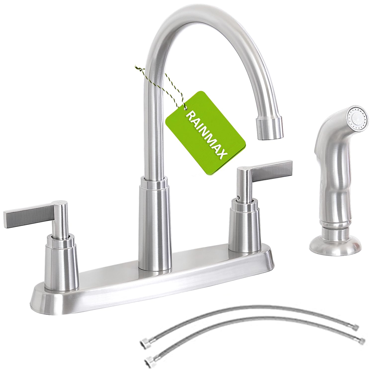 Rainmax Kitchen Faucet With Sprayer, Brushed Nickel Stainless Steel Kitchen Sink Faucet With Side Sprayer, 3 Hole Or 4 Hole Faucet For Kitchen Sink, Commercial Rv Laundry Utility Kitchen Faucet Kmf023L-1