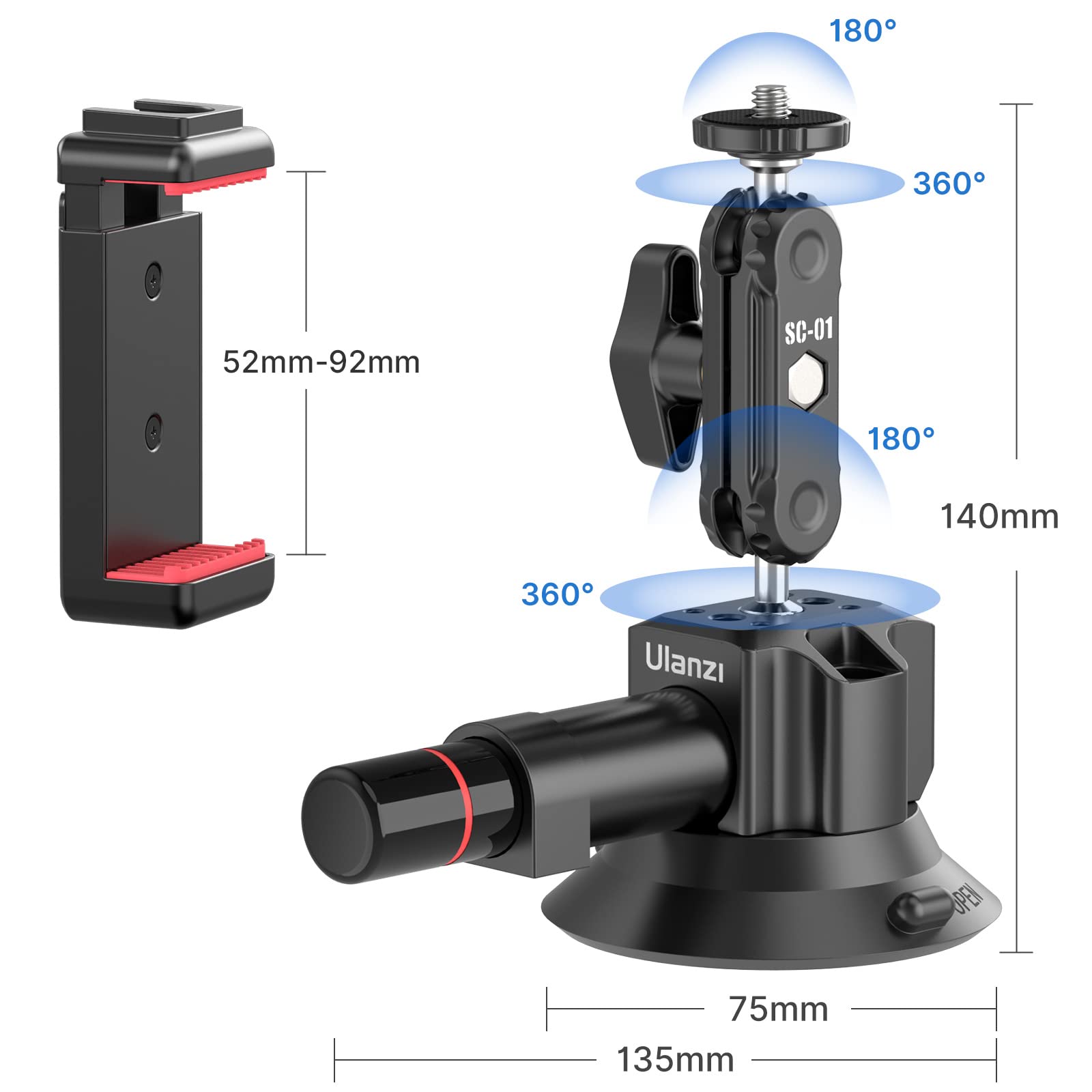 Uurig Sc-01 Suction Mount 3" For Vlogging Action Camera Car W Smartphone Clamp For Iphone 16 15 14 13 Pro Max, 1/4" Magic Arm Adapter Mount Desk Suciton Mount For Car Windshield Window