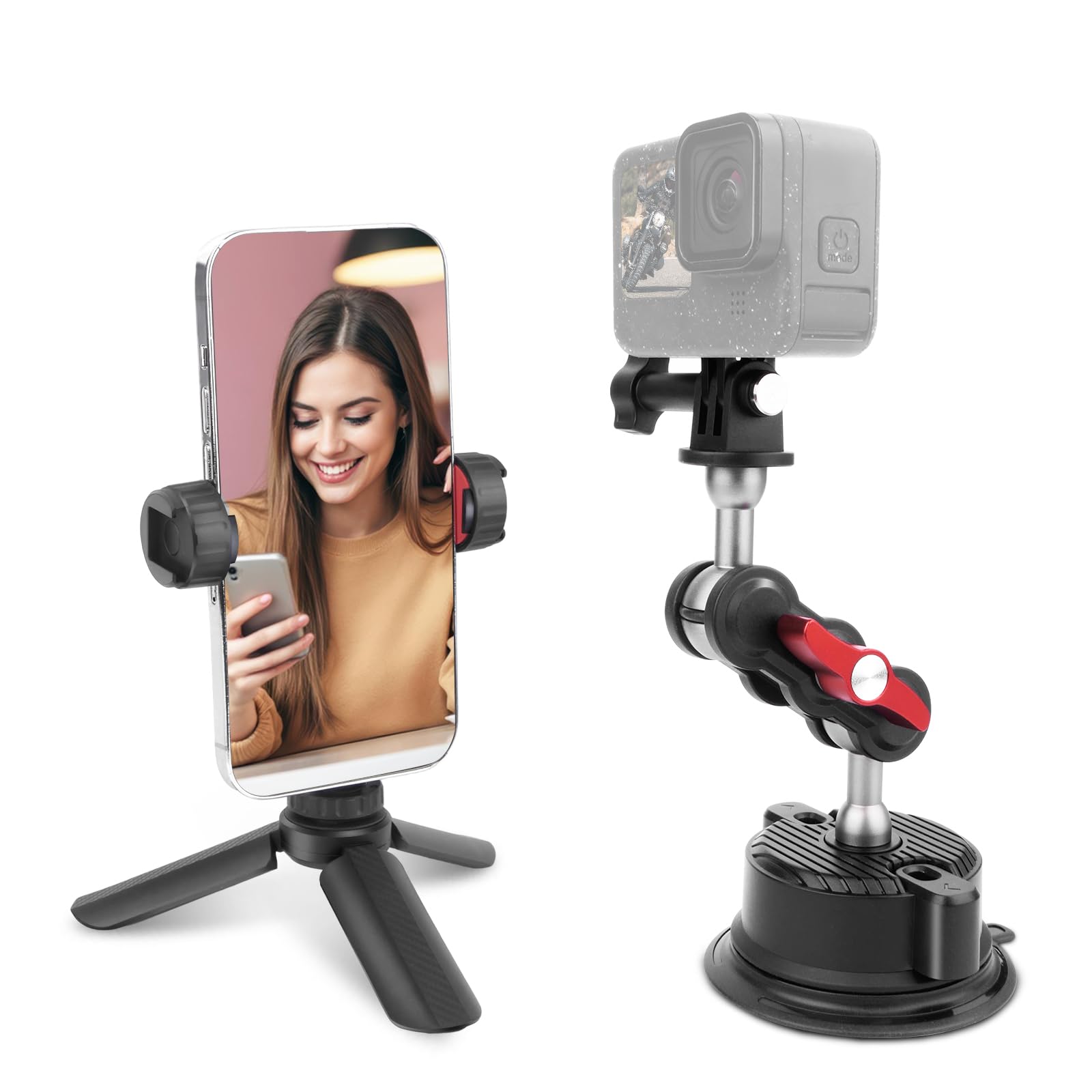 Mechrig Versatile Camera Suction Cup Mount Kits With Mini Tripod& Phone Holder&Tripod Mount Adapter-360°Rotating &1/4" Screw/Dual Cold Shoe Compatible With 13/12/X4/X3 Action Camera/Cellphone,Jc020