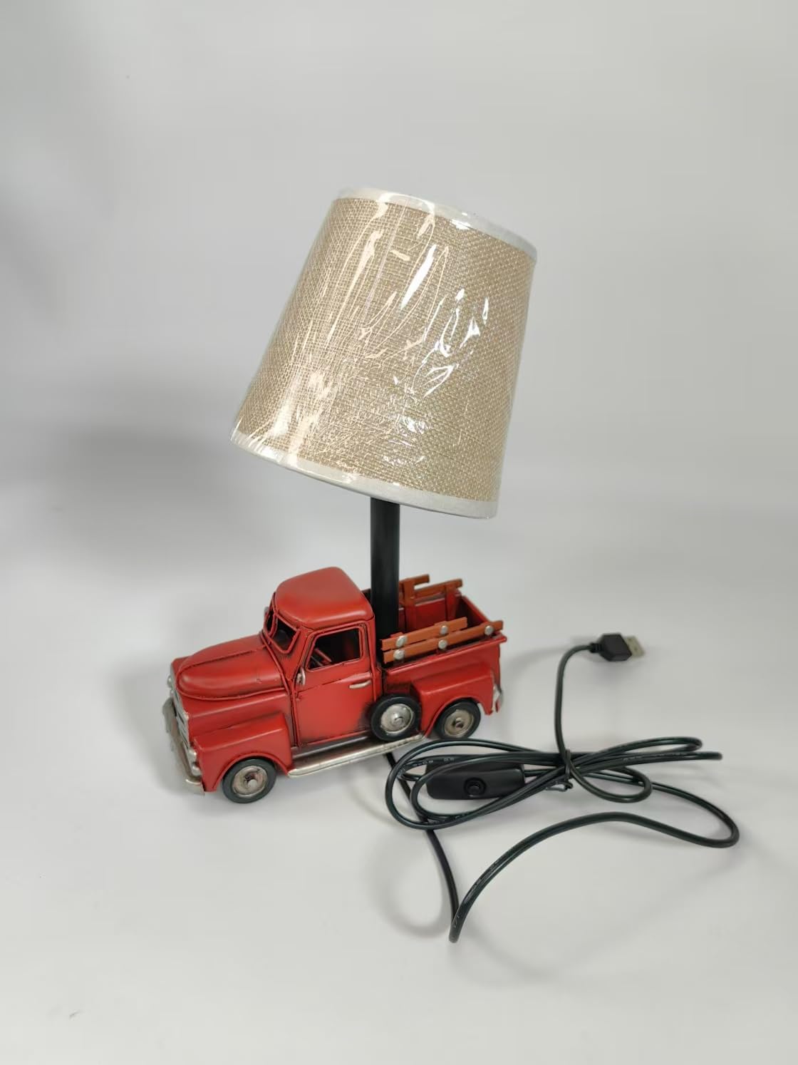 Ychtewy Ychtewy-Unique Rustic Red Vintage Truck Usb Table Lamp With Burlap Shade,Cozy Night Light,Compact & Durable, Perfect For Desktops, Side Tables, Or Shelves,6.7 X 4.7 X 6.7 Inches