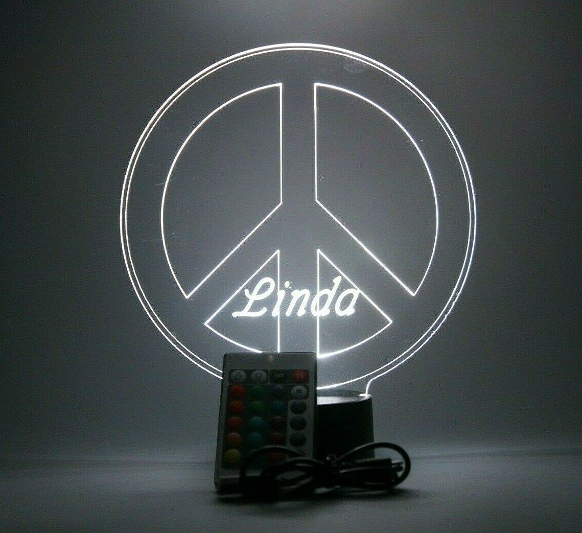 Mirror Mania Tranquility Serenity Harmony Peace Sign Light Up Table Desk Lamp Led Personalized Peace & Love Stand - It'S Wow, 16 Color Options With Remote, Dimmer, Engraved, Great