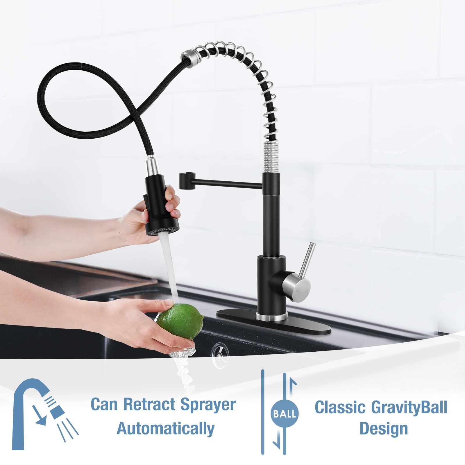 Djs Kitchen Faucets With Pull Down Sprayer Matte Black & Brushed Nickel - Single Handle 1 Or 3 Holes Spring Kitchen Sink Faucet With Deck Plate For Farmhouse Rv Vessel Basin