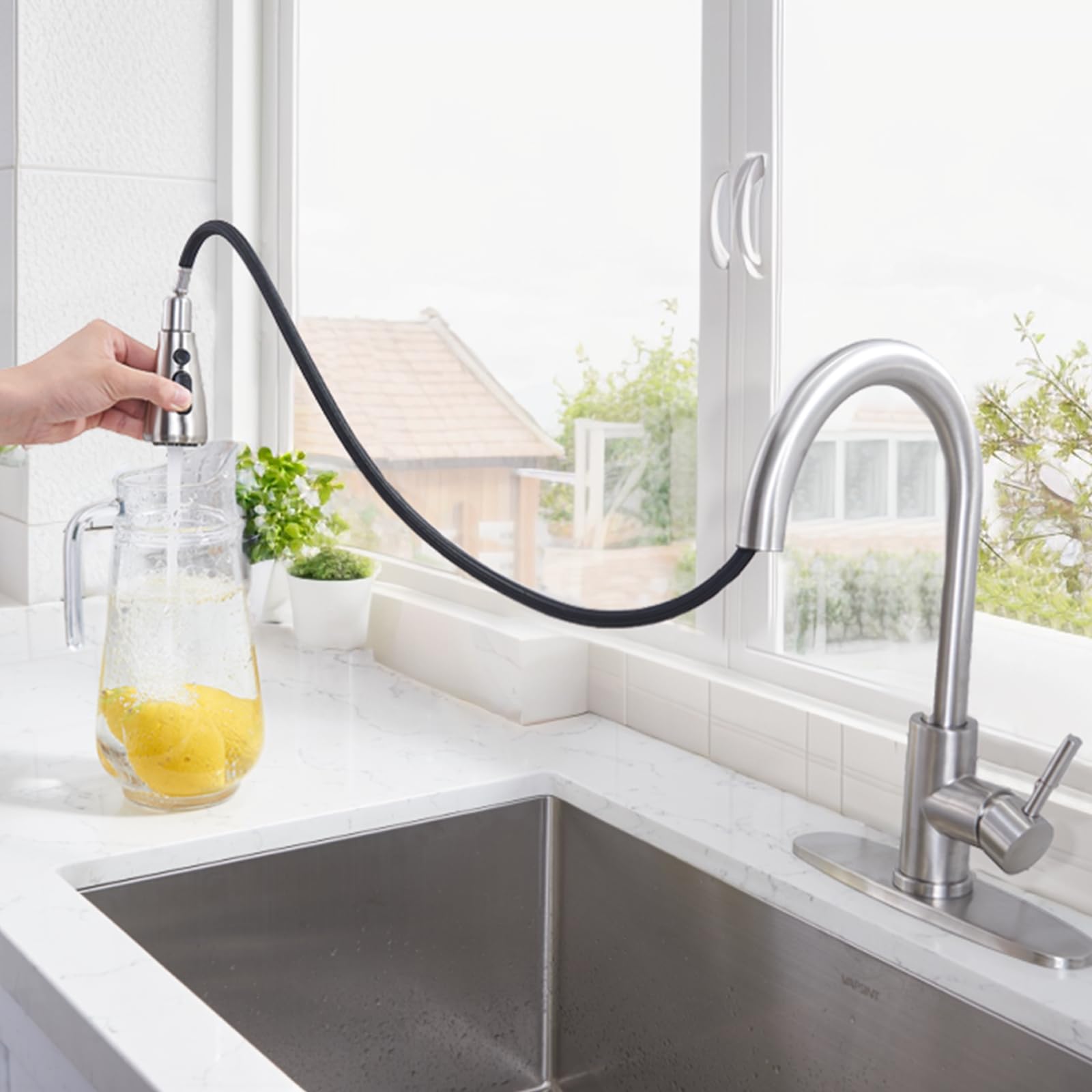 Hotis Home Hotis Kitchen Faucet With Pull Down Sprayer, High Arc Commercial Brushed Nickel Kitchen Sink Faucets, Small Rv Stainless Steel Single Handle Pull Out Faucet For Kitchen Sink With Deck Plate