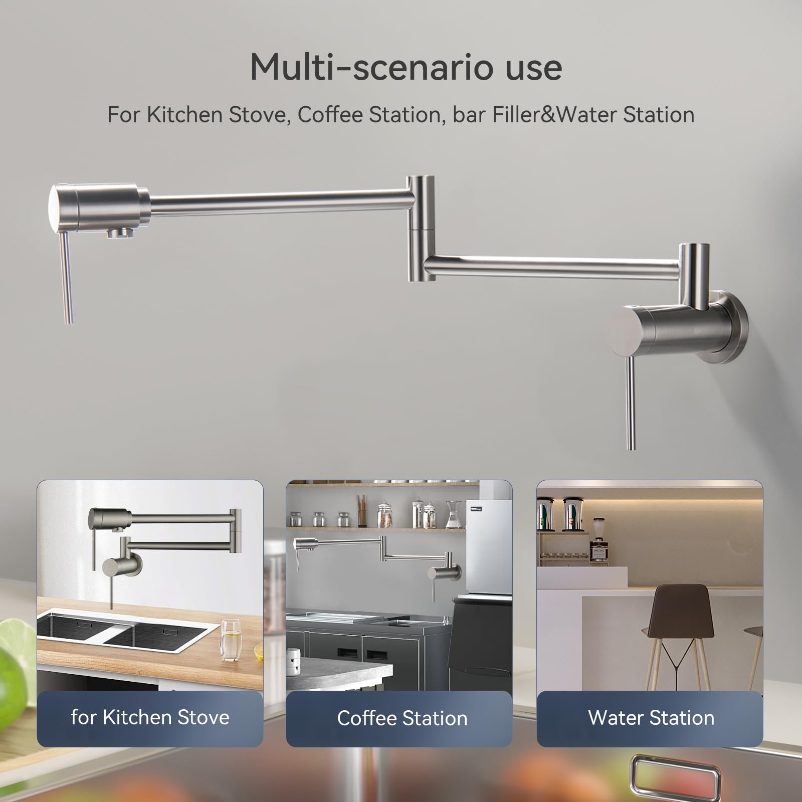 Mr. Faucet Wall Mount Kitchen Pot Filler Faucet 360° Swivel Folding Swing Arm Built-In Bearing Joint Technology, For Kitchen Stove, Coffee Station, Bar Filler&Water Station(Brushed Nickel)