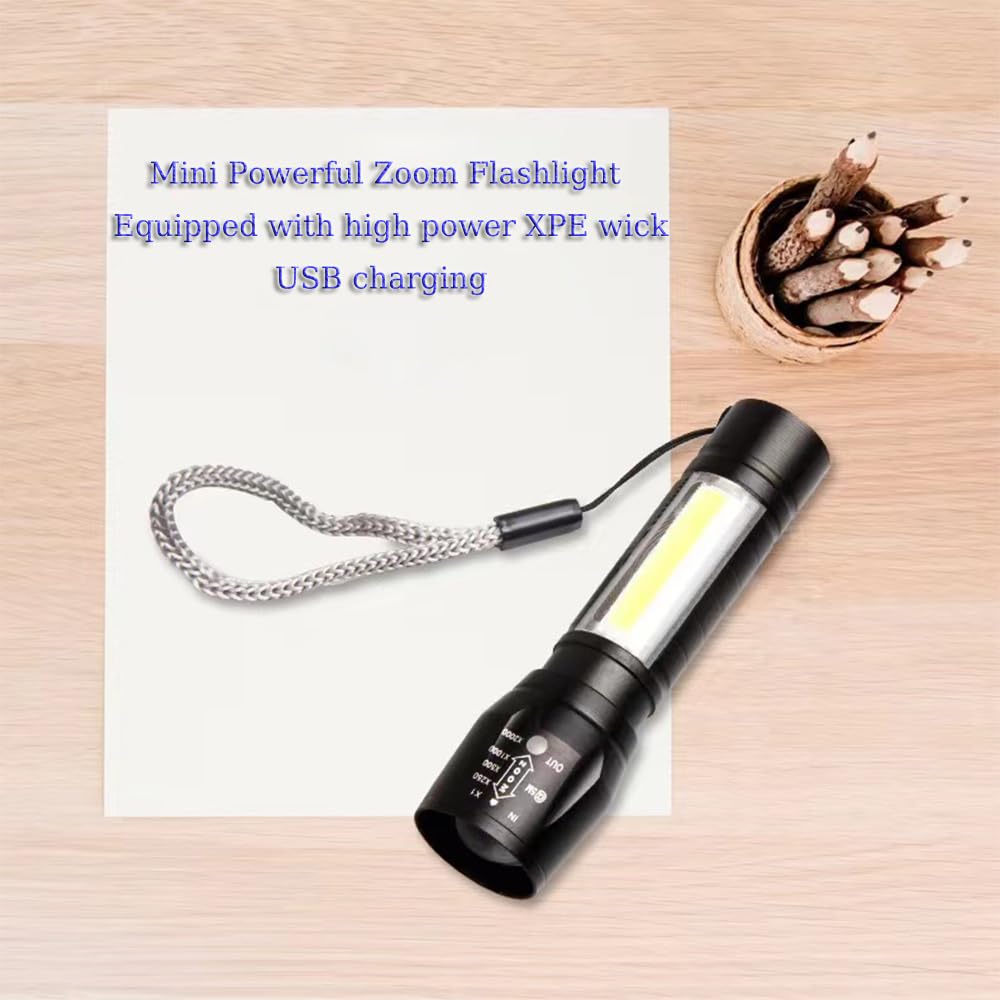 Clezgo Rechargeable Flashlights High Llumens Led-Mini Usb Rechargeable Flashlight For Home 3 Modes Adjustable Focus Portable Waterproof Flashlight With Cob Side Lights (1Pack)