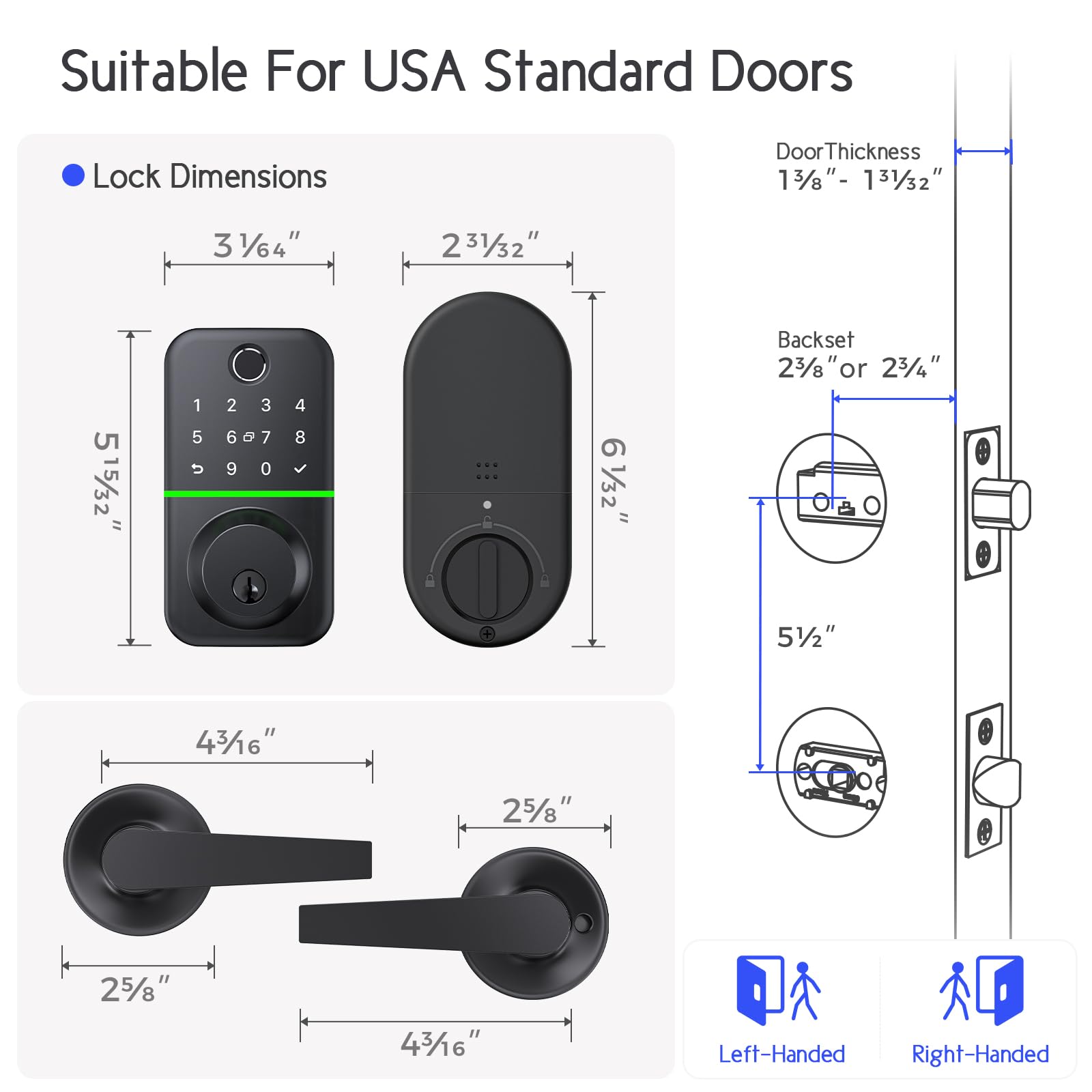 Wisegear Keypad Handle Set Smart Lock - Fingerprint Deadbolt With 2 Levers - App Controlled Keyless Entry - Waterproof & Electronics