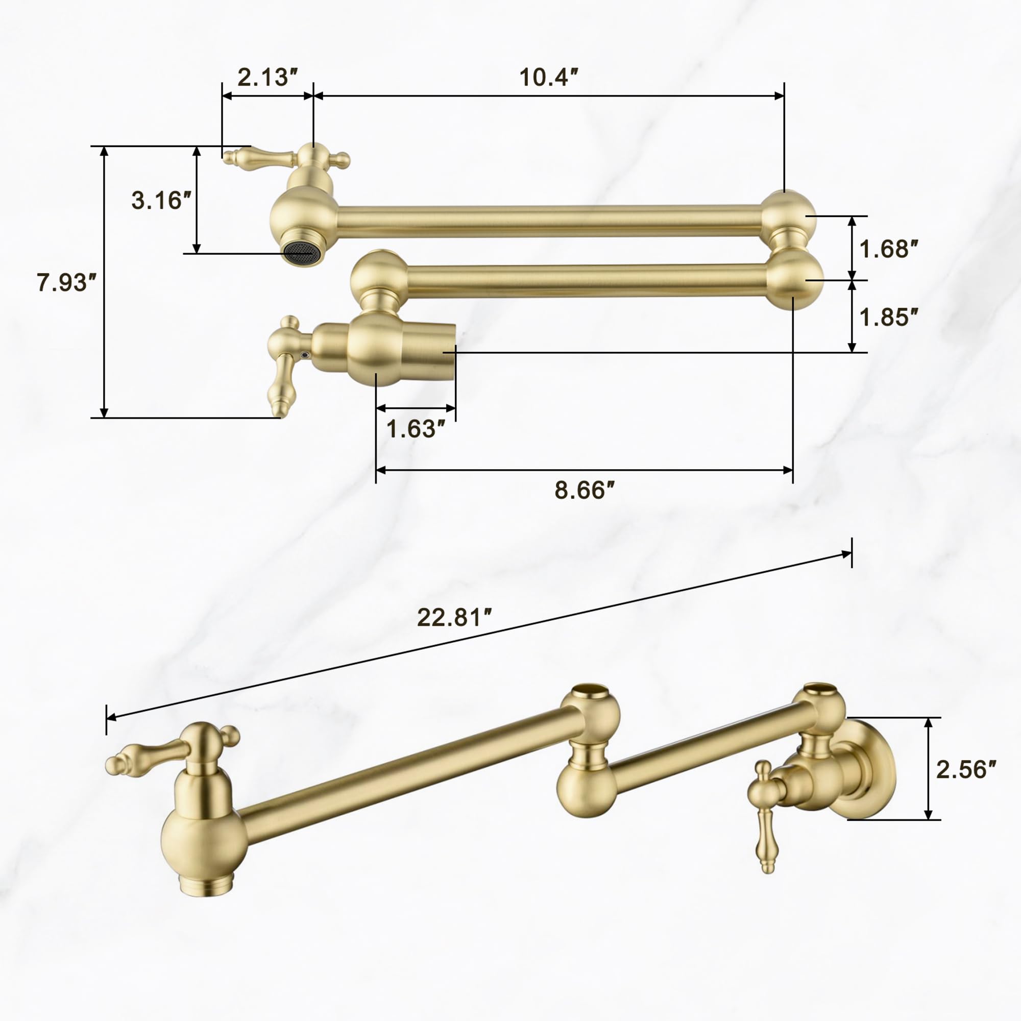 Mondawe Brushed Gold Pot Filler Faucet, Brass Wall Mount Stove Faucet, Double Handle Folding Pasta Faucet Over Stove, Kitchen Pot Faucet With Double Joint Swing Arms, 1.8 Gpm, 360°Rotation