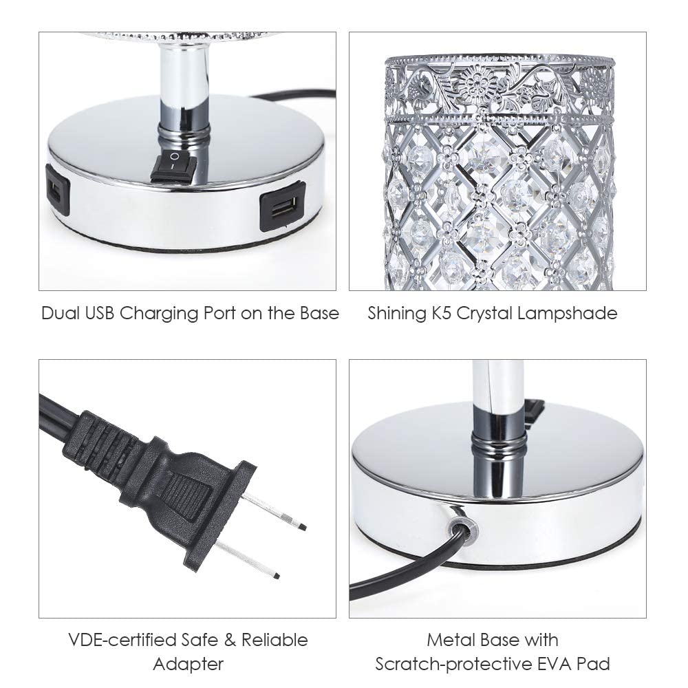 Tomshine Usb Crystal Table Lamp Set Of 2 Bedside Lamp With Usb Charging Ports, Modern Elegant Nightstand Lamp Desk Lamps，Silver Crystal Lamps For Bedroom Living Room Home Office (Silver)