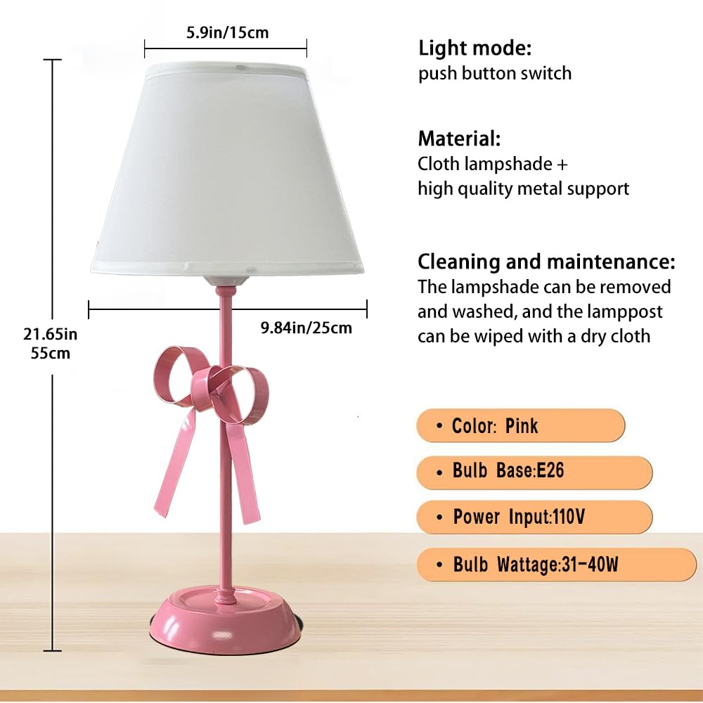 Oroilupu Pink Bow Lamp For Girls Room, Small Single Princess Desk Lamp Modern Decorative Boho Living Room Kids Reading Room Bedside End Table Cute Coquette Table Lamp With Fabric Shade Bedroom