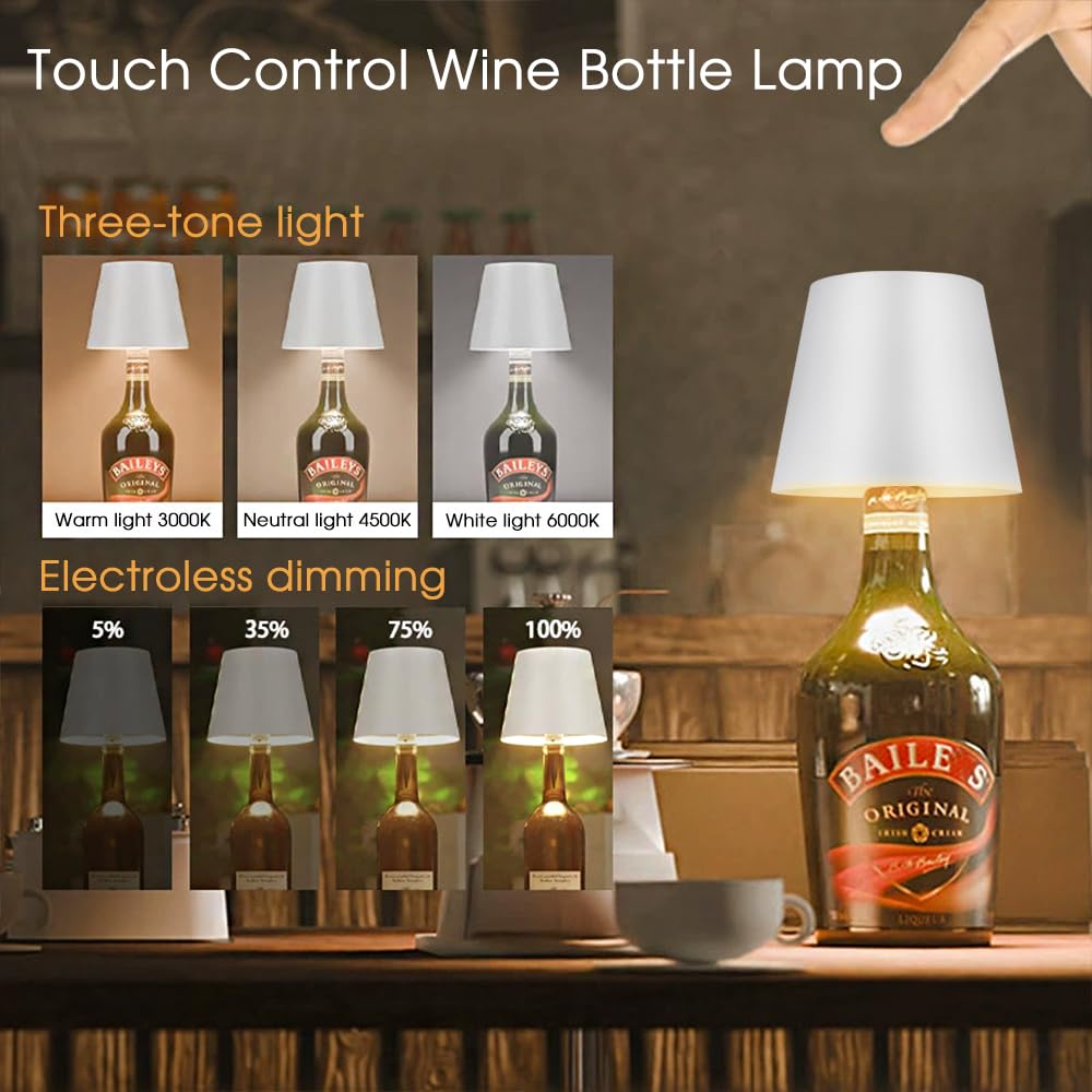 Ejfoiej Wireless Bottle Lamp Shade,Touch Control Wine Bottle Lamp,3 Color Stepless Dimming Bottle Table Lamp,Night Light For For Bars Restaurants
