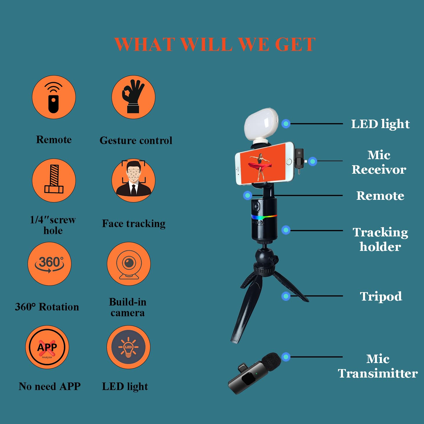 Litchitech Auto Face Tracking Tripod 360 Rotation With Stand, Vlogging Kit For Iphone Andriod Phone,Content Creator Essentials,Smart Follow Phone Holder,With Light/Remote/Wirlessmic