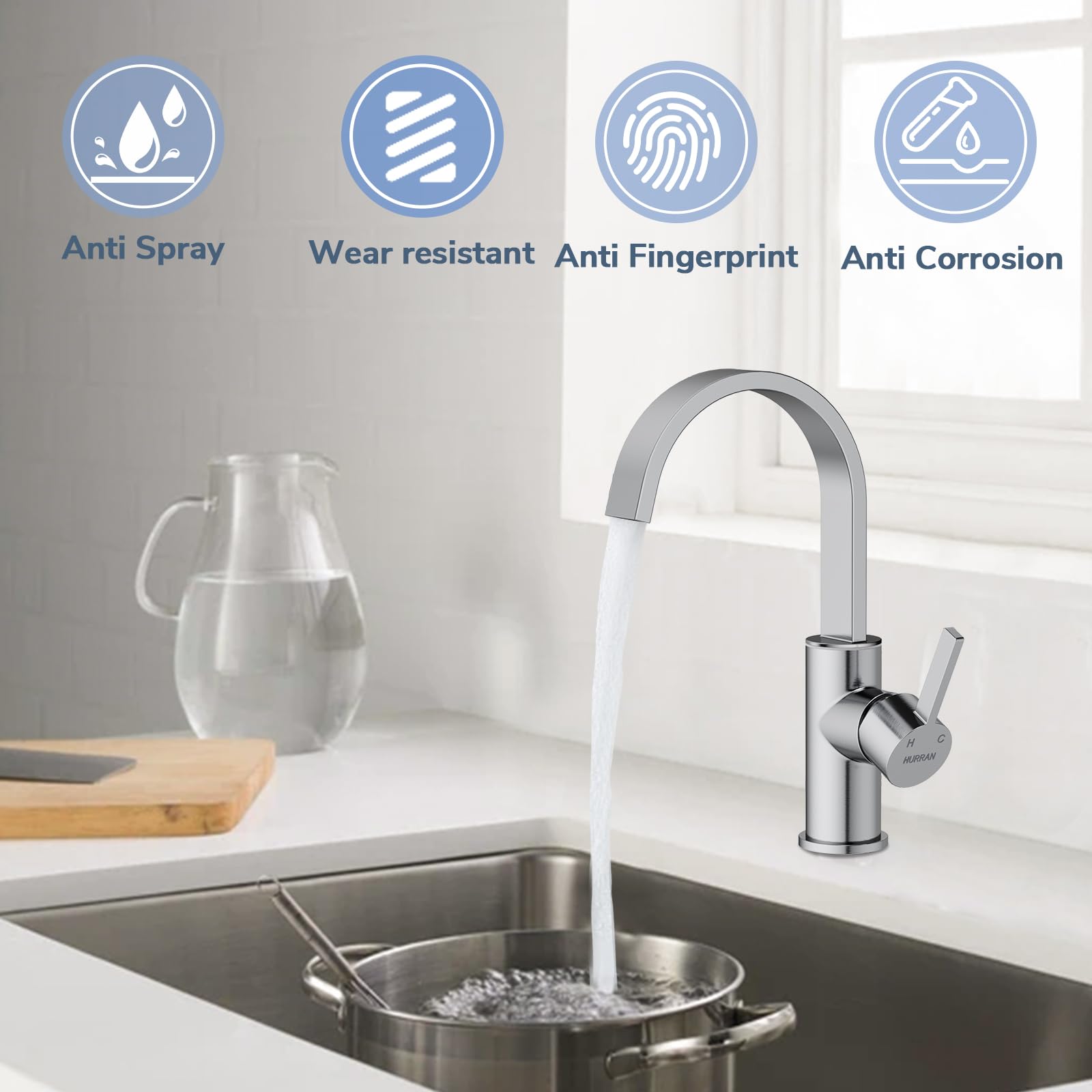 Hurran Kitchen Faucets Bar Sink Faucet, Brushed Nickel Stainless Steel Kitchen Sink Faucets, Flat Pipe Faucet 1 Hole Single Handle With 2 Supply Hoses For Vanity Rv Farmhouse Lavatory Outdoor Sink