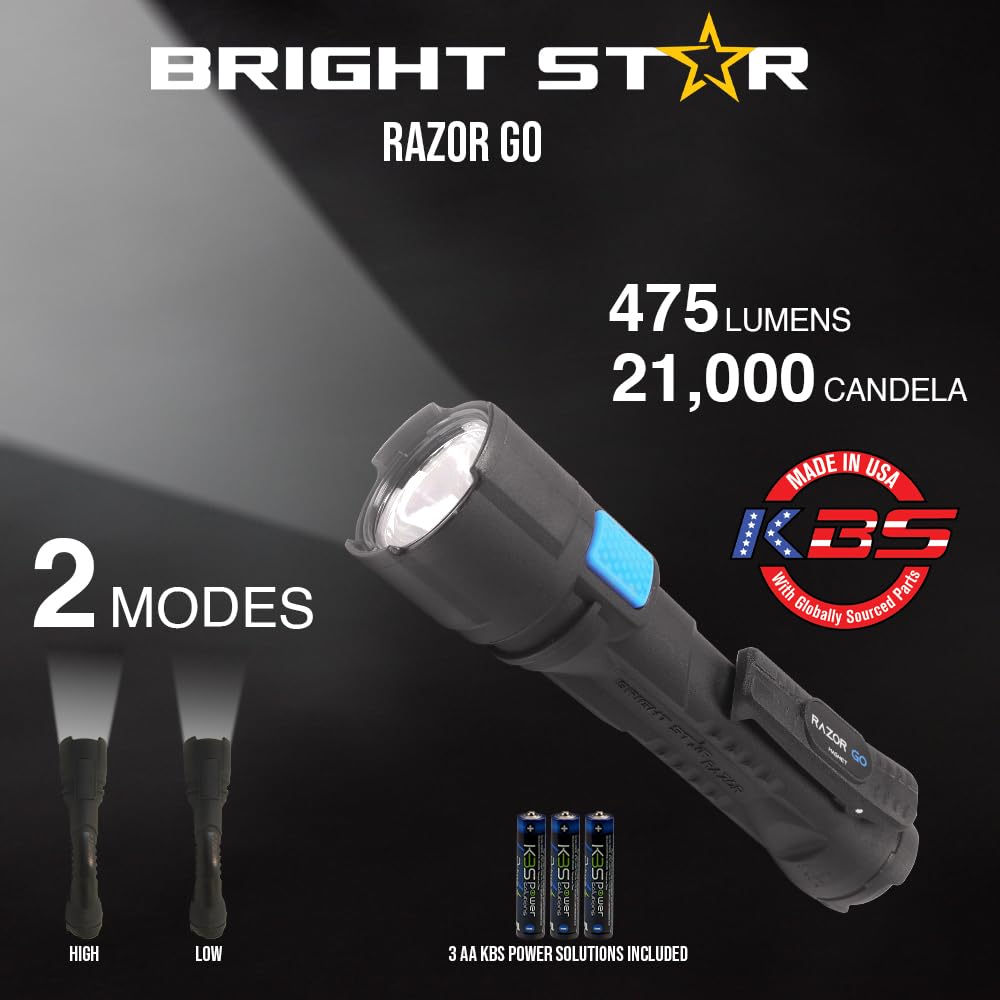 Koehler Brightstar Bright Star Razor Go All-Purpose Led Flashlight – 21,000 Candela Beam, 24-Hour Runtime, Magnetic Hands- Base – Heavy-Duty Utility Light With Aa Batteries Included – Made In Usa