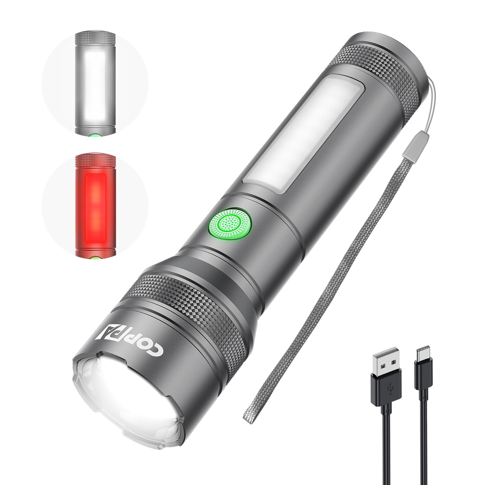 Coppa Flashlight, High Lumen Rechargeable Led Flashlights 6 Modes Zoomable Aluminum Small Powerful Flashlight With Emergency Red Sidelight Brightest Mini Handheld Flash Light For Home Camping, Gray