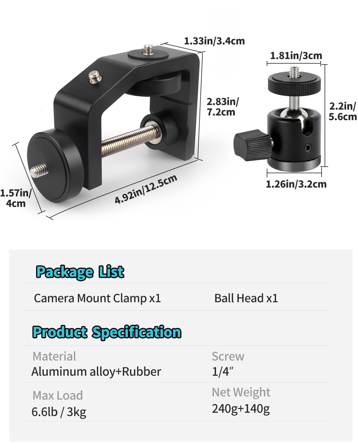 Jebutu Universal C-Clamp With 1/4 Screw Rubber 360°Rotatable Ball Head Camera Mount Adapter For Tripod Monopod Desk Mount Holder Lcd Monitor Flash Cart Bench Worktable Light Stand Rod Hook Shelves Cross Bar