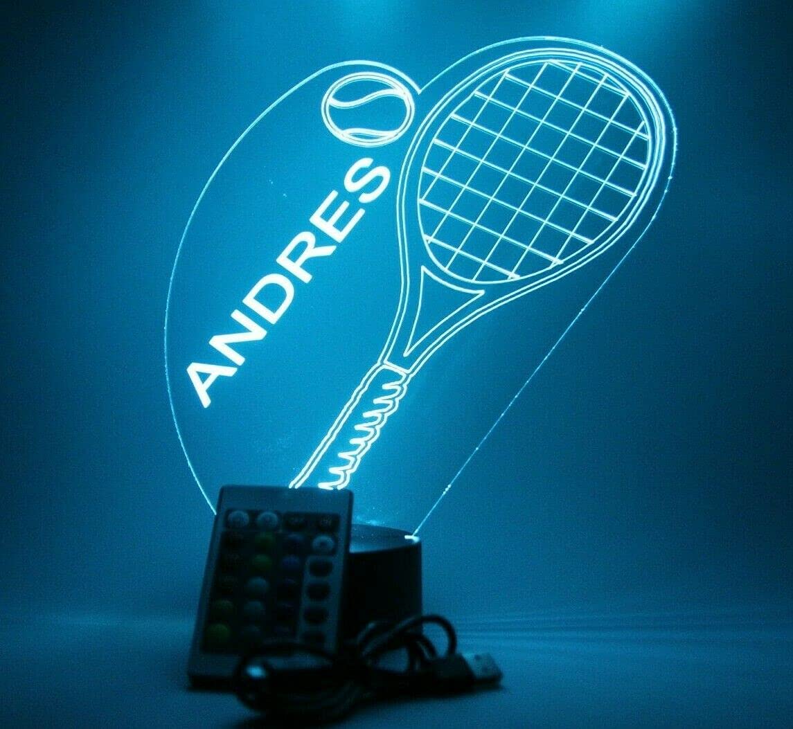 Mirror Mania Tennis Racket Racquets And Ball Court Sports Player Night Light Up Table Lamp Led Engraved Custom Name Personalized With Remote, 16 Color Options, Dimmer, It'S Wow, Great