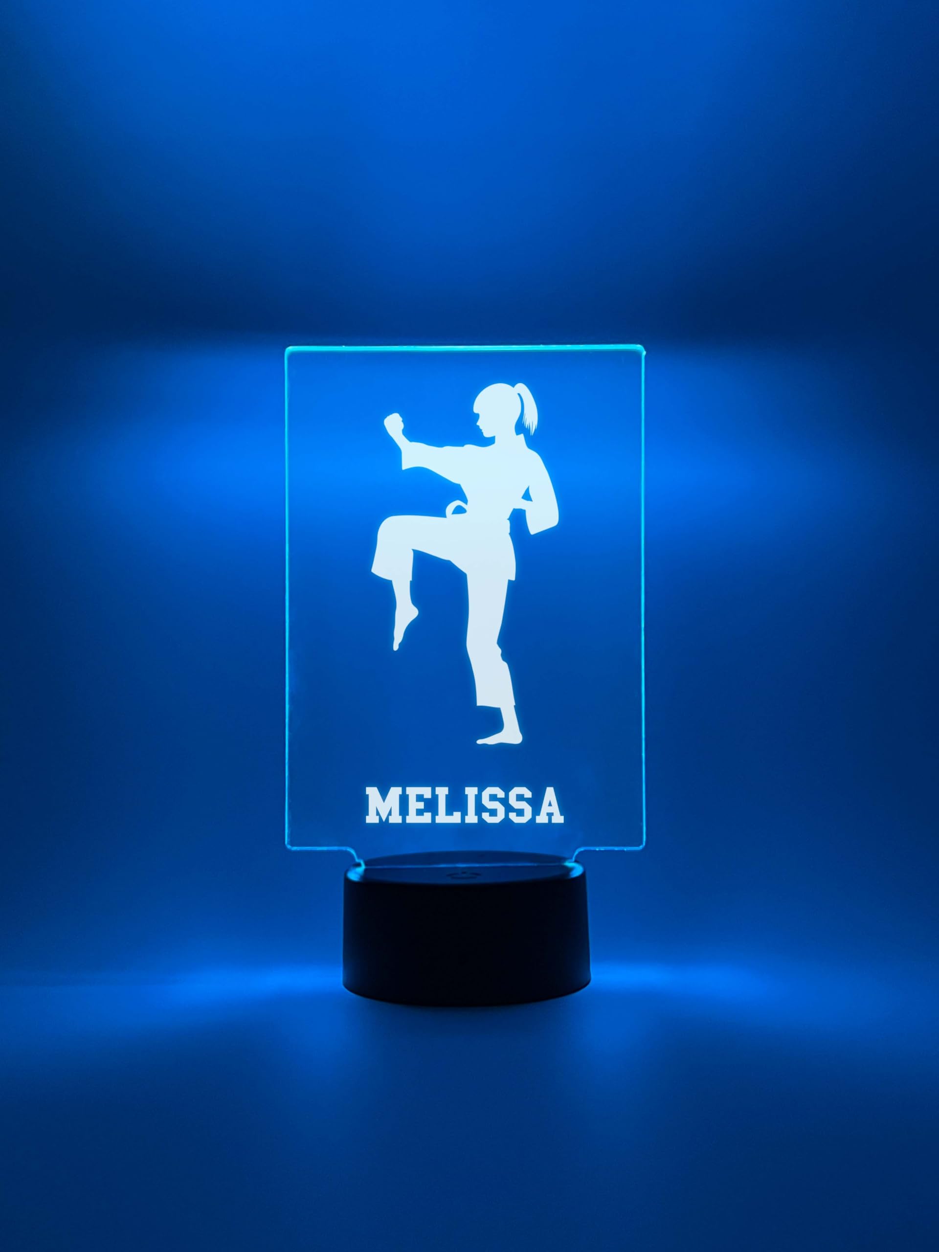 Mirror Mania Sports Player School Team Fan Name Night Light Up Desk Table Lamp Kids Bedroom Decor Led Personalized Custom 16 Colors & Remote Christmas Idea For Boys & Girls (Girl Karate Taekwondo)
