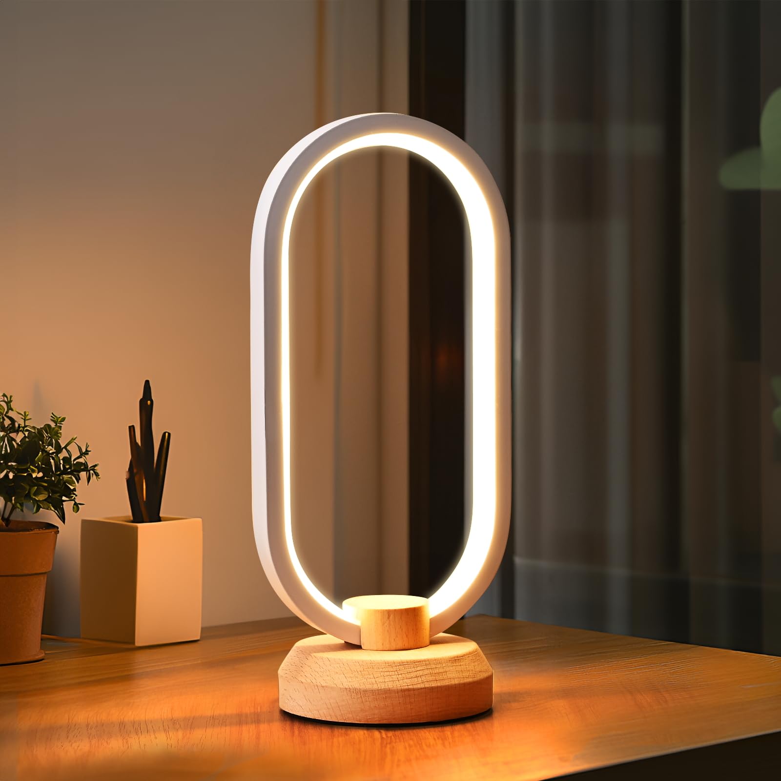 Lonrisway Modern Desk Lamp Led Wood Table Lamp, Bedroom Bedside Night Light, Dimmable Led Lighting, Creative Home Decor, Unique House Warmging